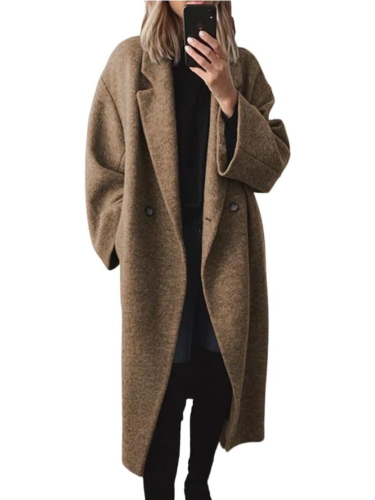 Women's Winter Double Breasted Wool Coat Notch Lapel Long Trench Coat
