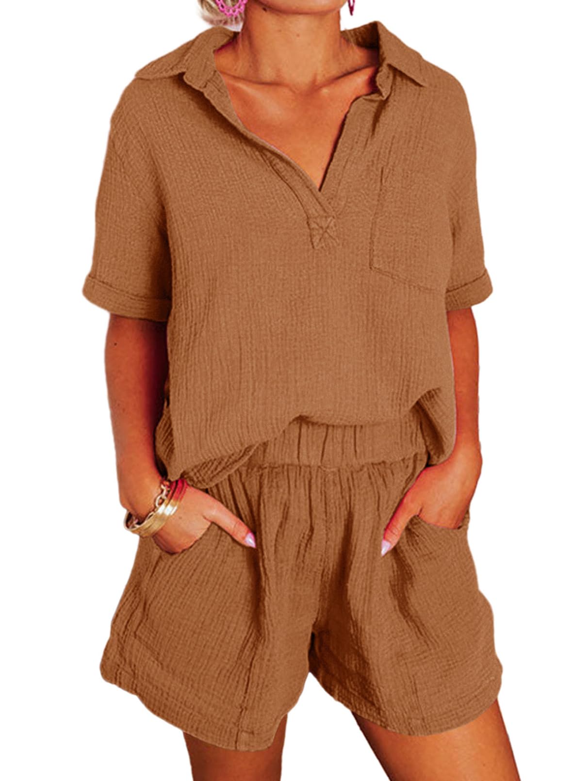 Women's Two Piece Outfits V Neck Short Sleeve Shirts and High Waist Shorts Lounge Sets