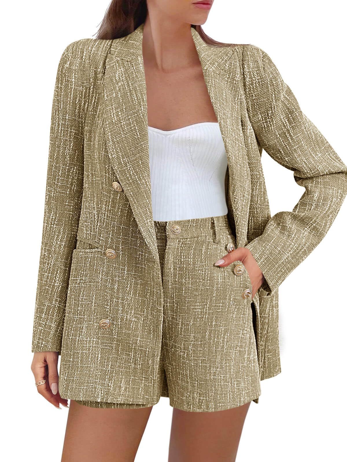 HOT SALE Women's Double Breasted Tweed Suit Set Button Jacket and Shorts