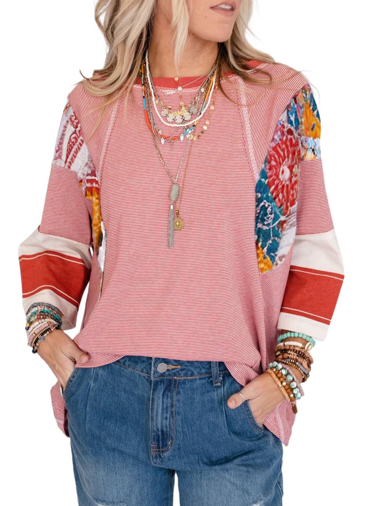 2025 New Women's 3/4 Length Sleeve Oversized Striped Patchwork Shirts(buy 2 free shipping)