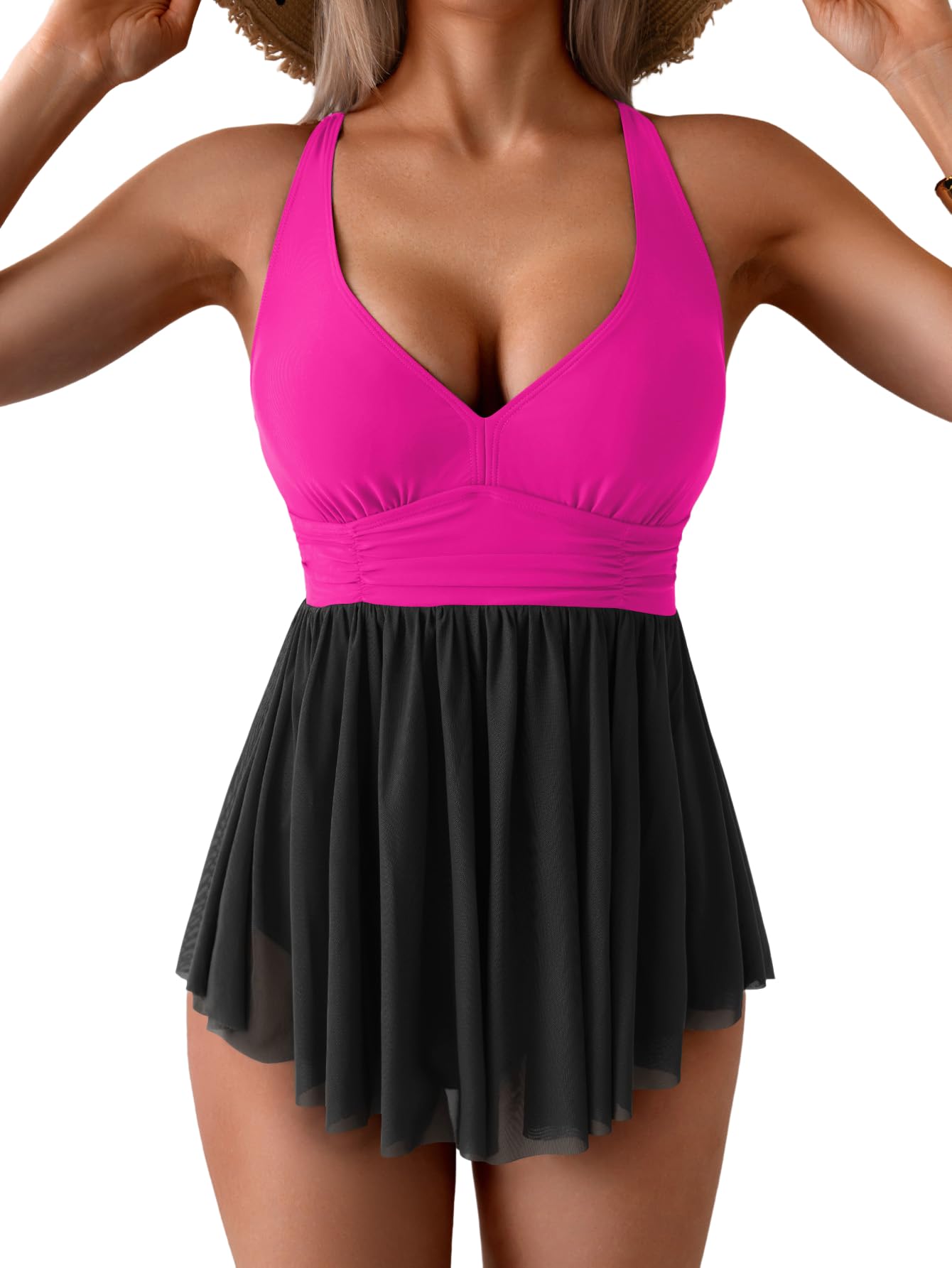 HOT SALE Women's One Piece Swim Dress Swimsuit Tummy Control Mesh Swimdress