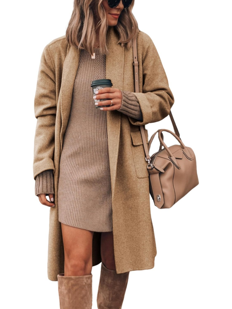 Women's Long Cardigan Wool Coat Open Front Pockets Warm Lapel Jacket Coat