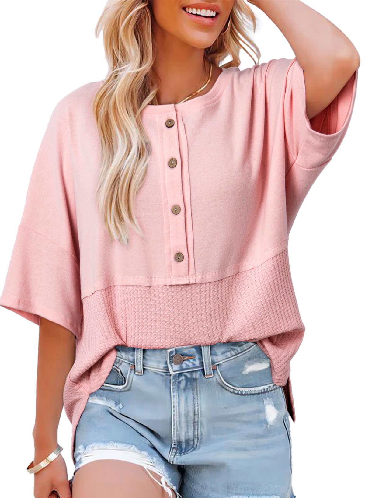 2025 New Women's 3/4 Sleeve Casual Button Down Waffle Knit Tops(buy 3 free shipping)