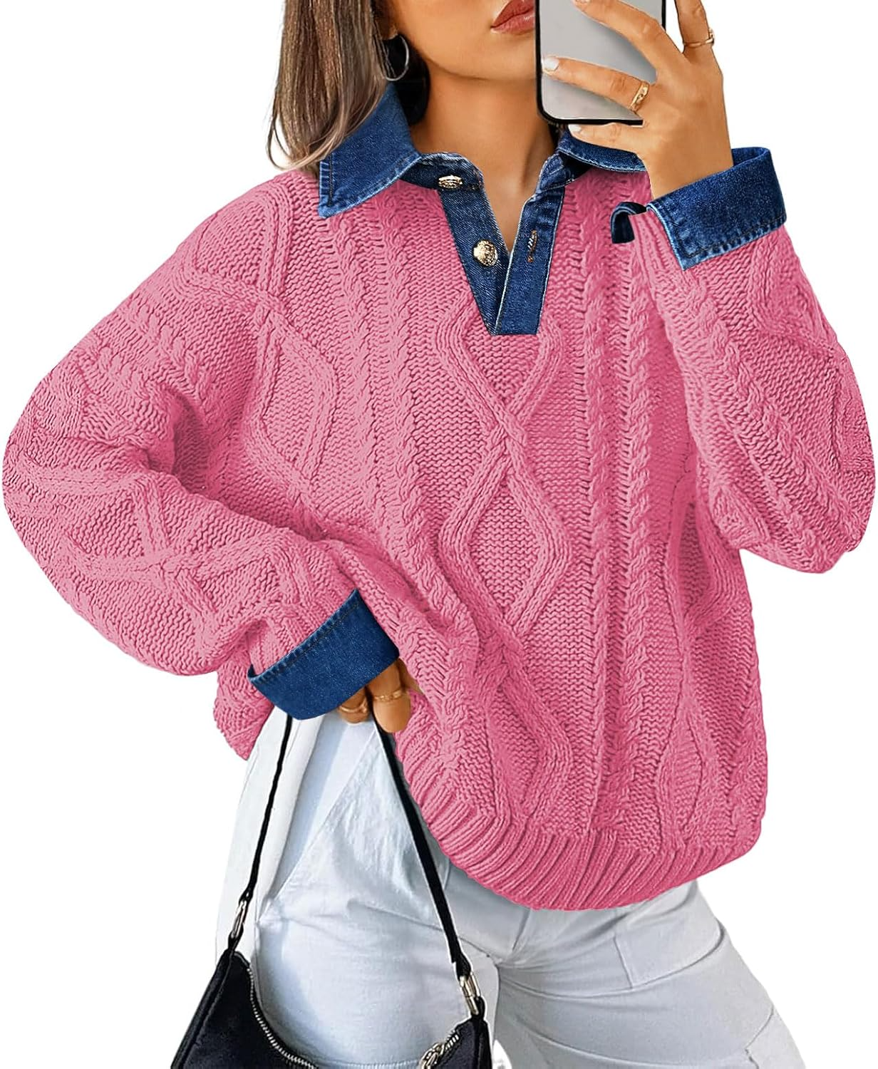Womens Oversized Denim Polo Neck Cable Knit Sweaters 