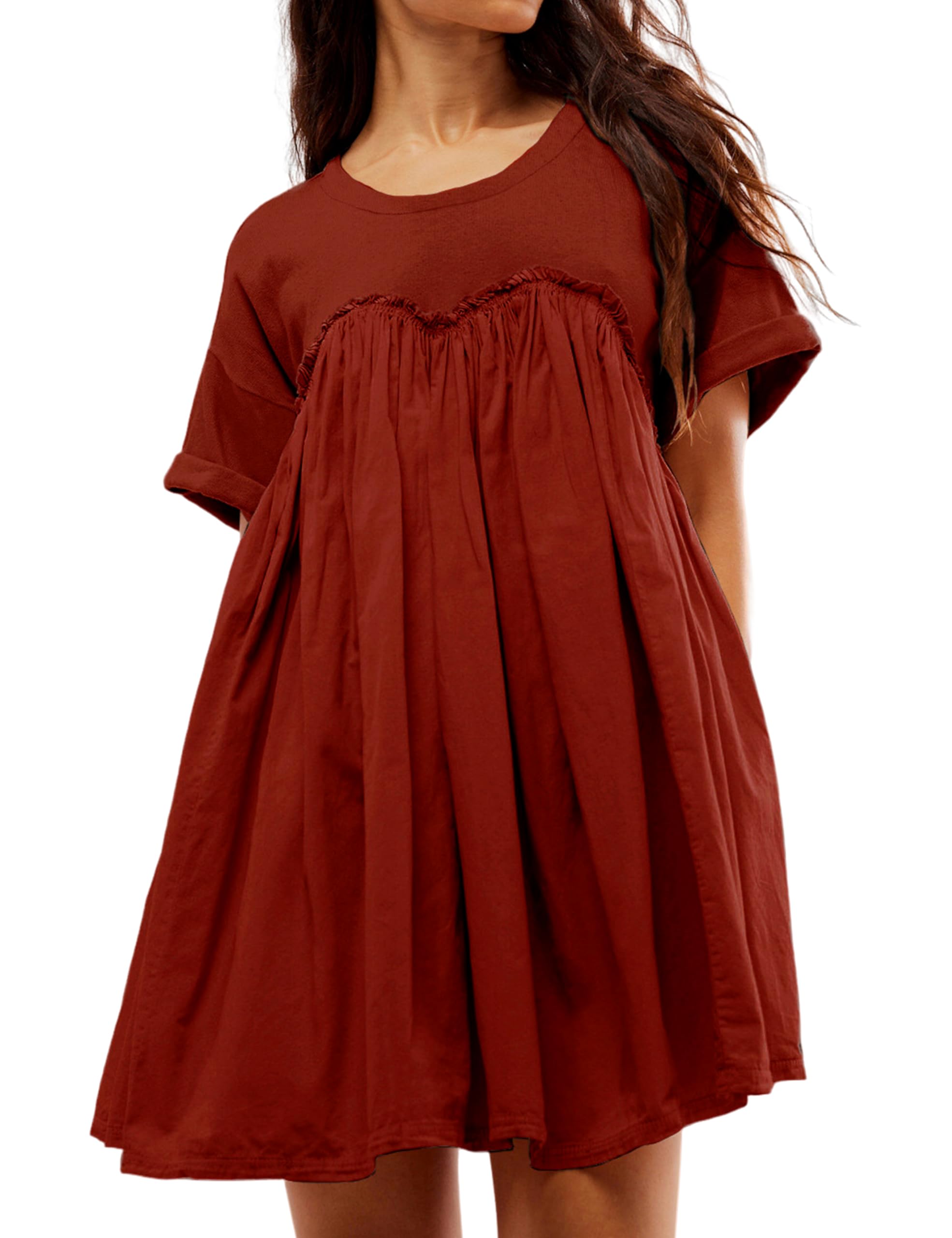 Women's Round Neck Pleated Mini Dress with Pockets