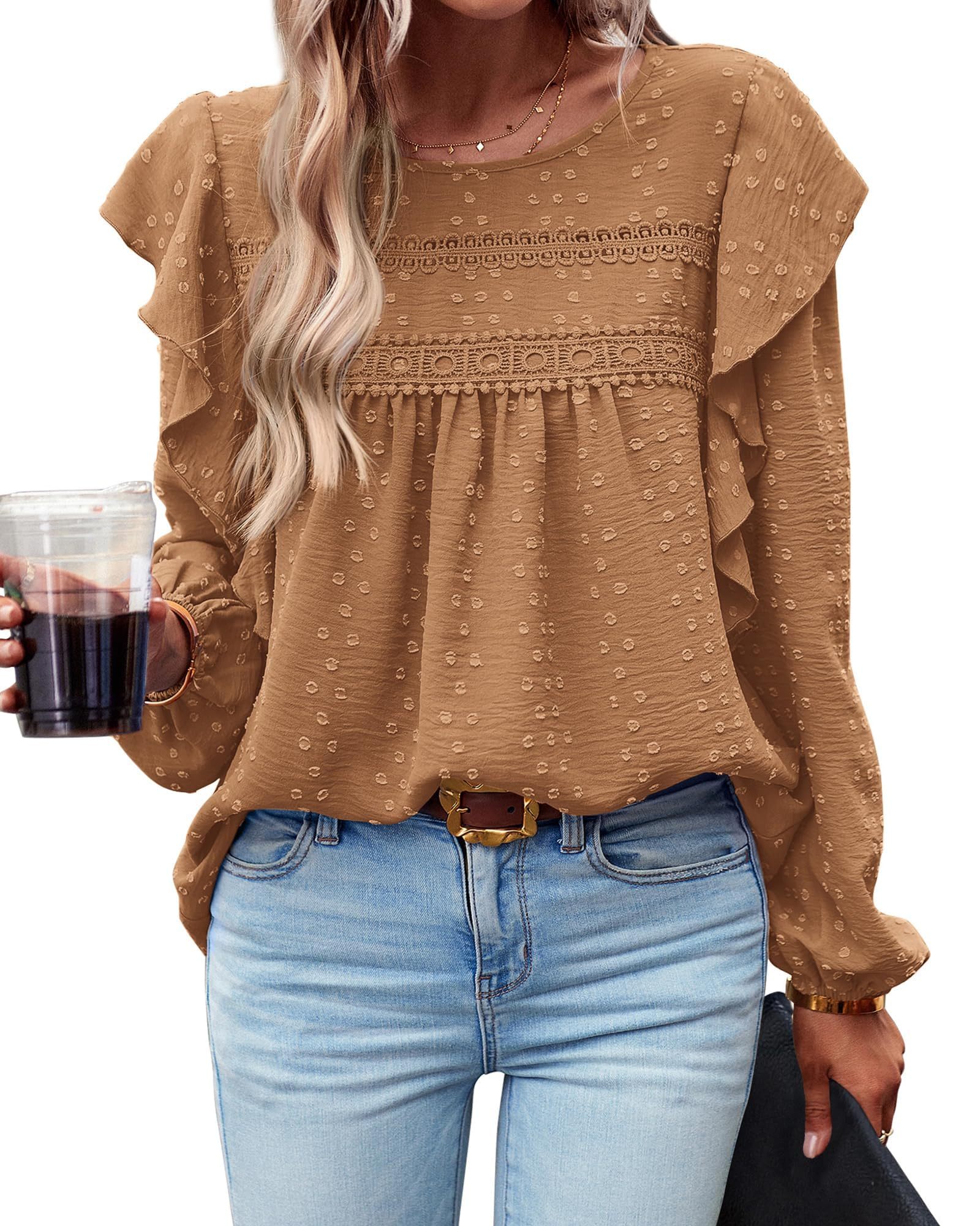 HOT SALE Women's Long Sleeve Ruffle Swiss Dot Crochet Tops