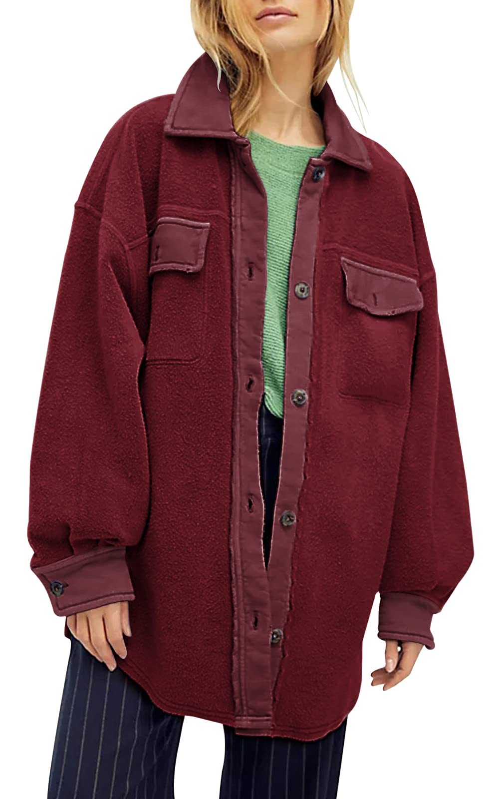 HOT SALE Women's Oversized Fleece Long Sleeve Button Down Shirt Jacket