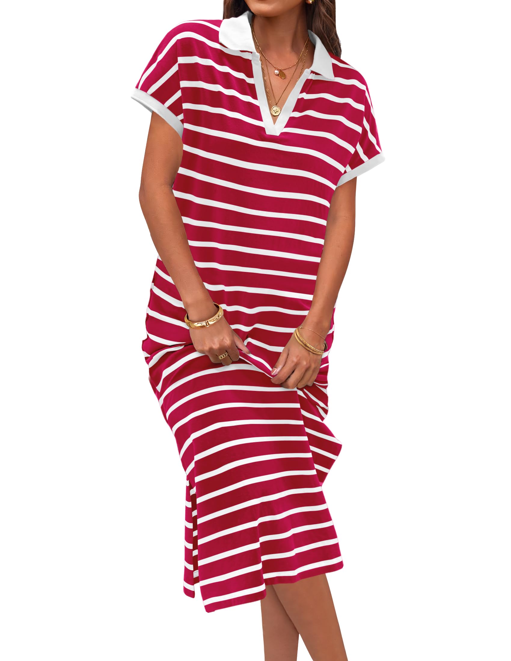 Women's V Neck Side Slit Striped Maxi Dress (Buy 2 Free Shipping)