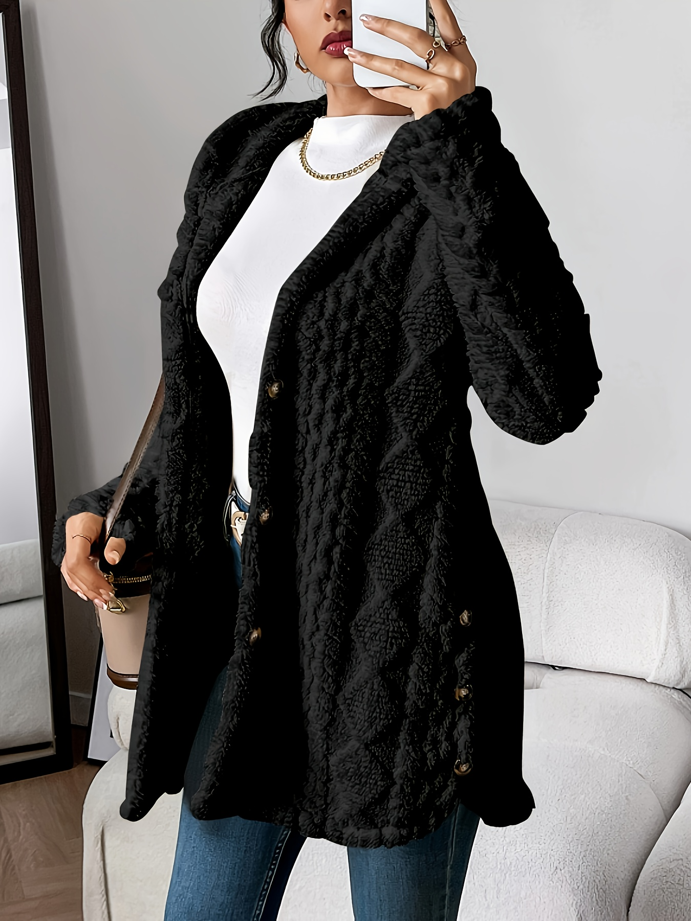 Womens Cozy Quilted Faux Fur Hooded Cardigan