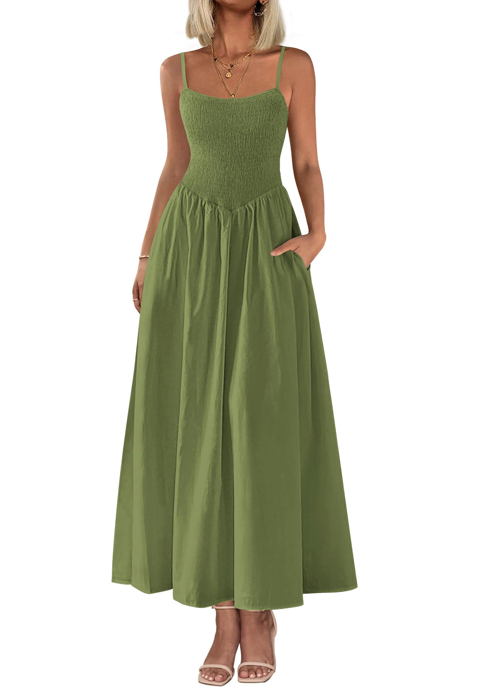 2025 Summer Women's Smocked Maxi Dresses Casual Spaghetti Strap Swing A Line Long Flowy Dress