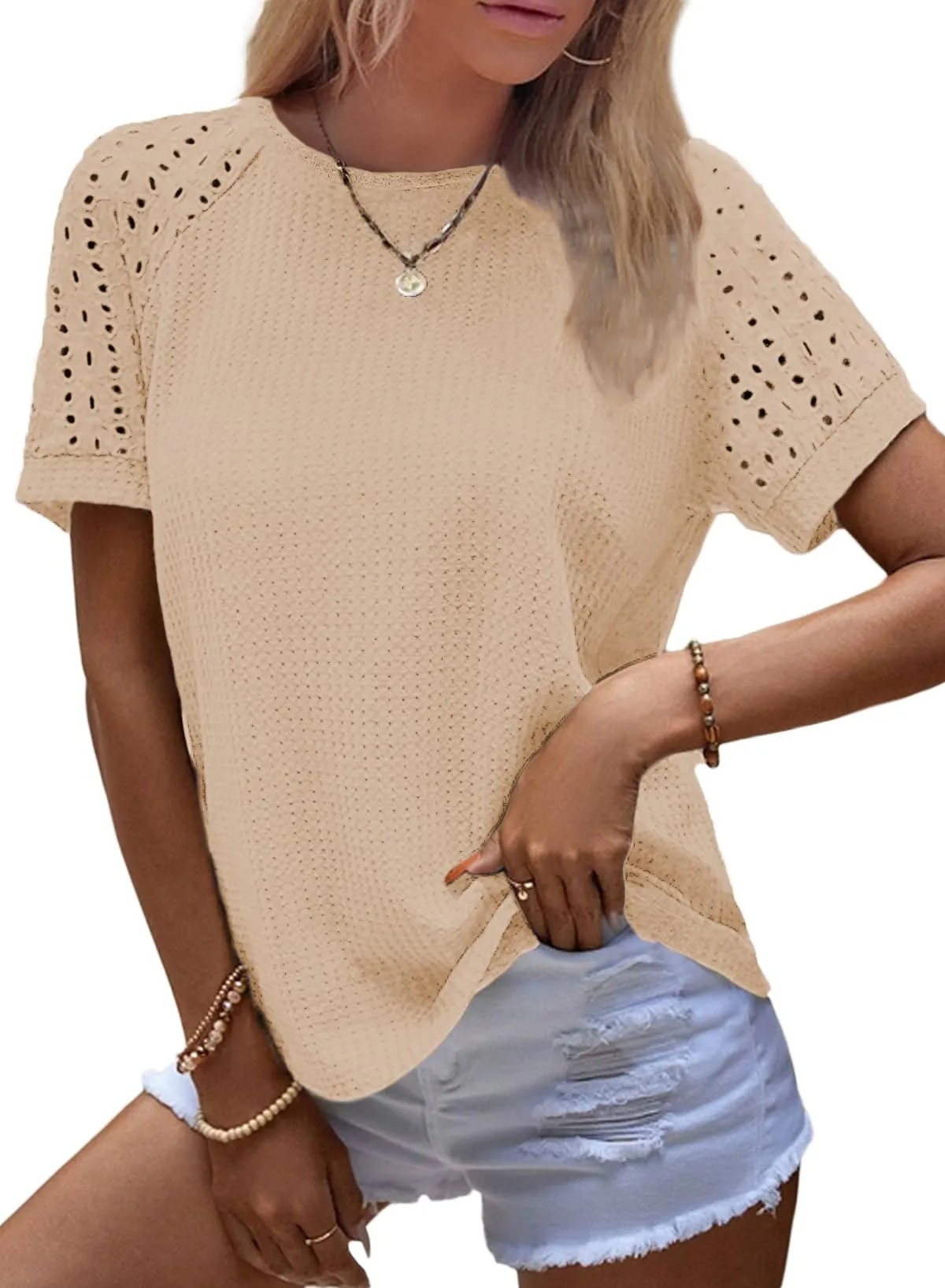 HOT SALE Women's Casual Crew Neck Hollow Out Raglan Short Sleeve Waffle Knit Tops