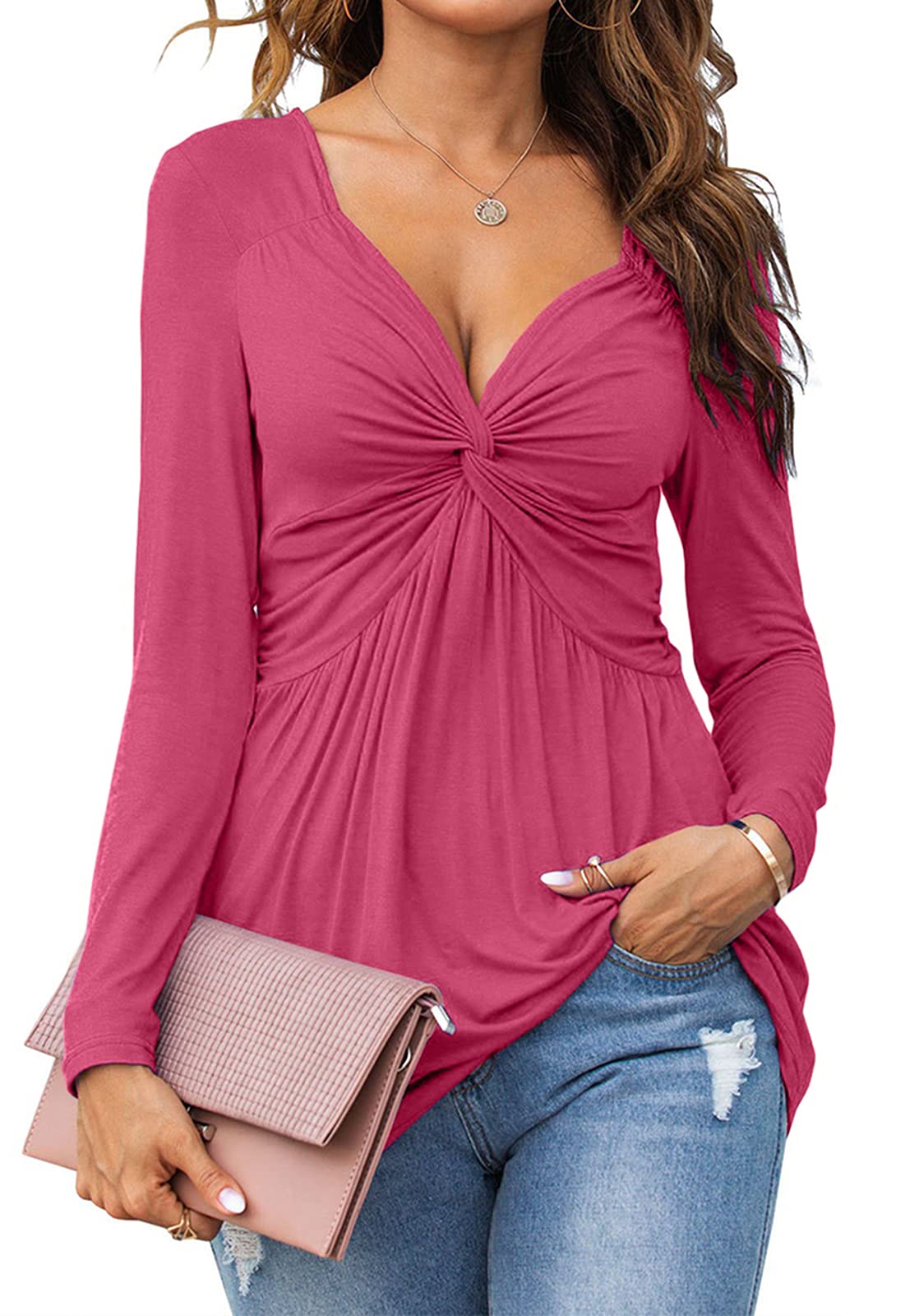⏰Hot Sale-Women V-Neck Front Knotted Long Sleeve Casual Solid Color Pullover Tops