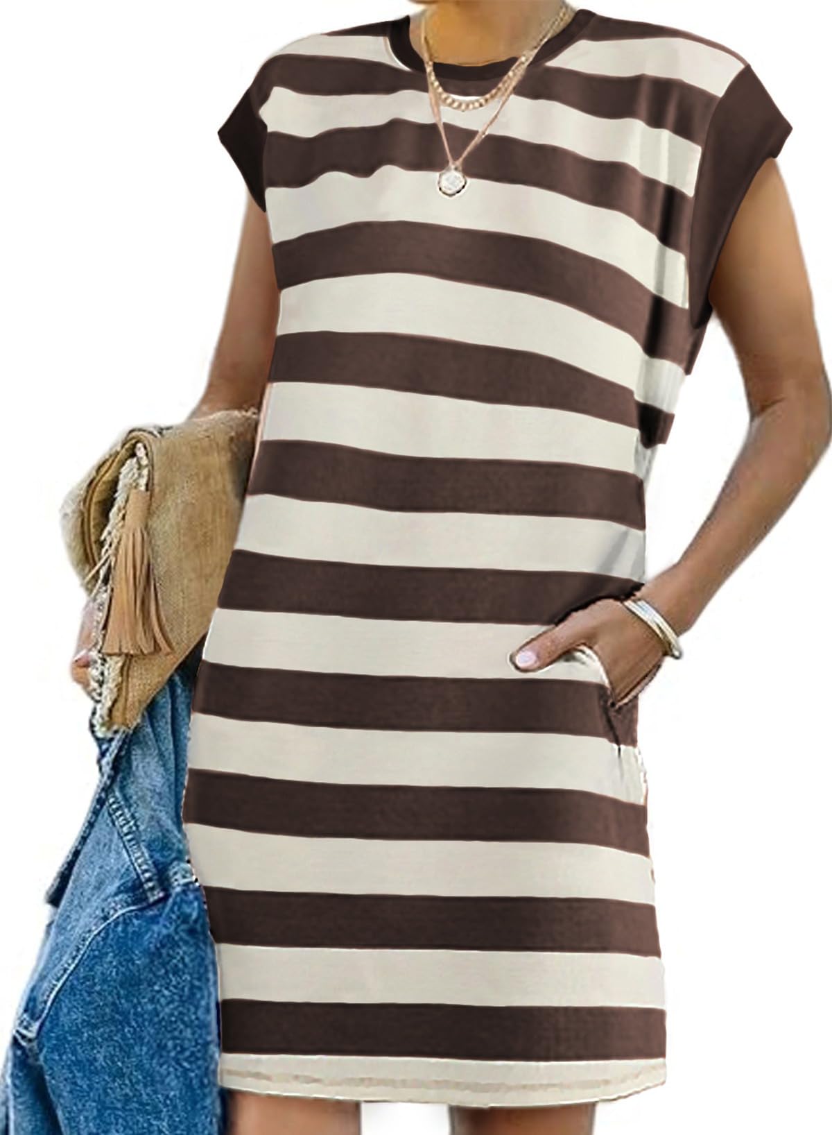 🔥2024 Summer Hot🔥Women's Cap Sleeve Color Block T-shirt Dress