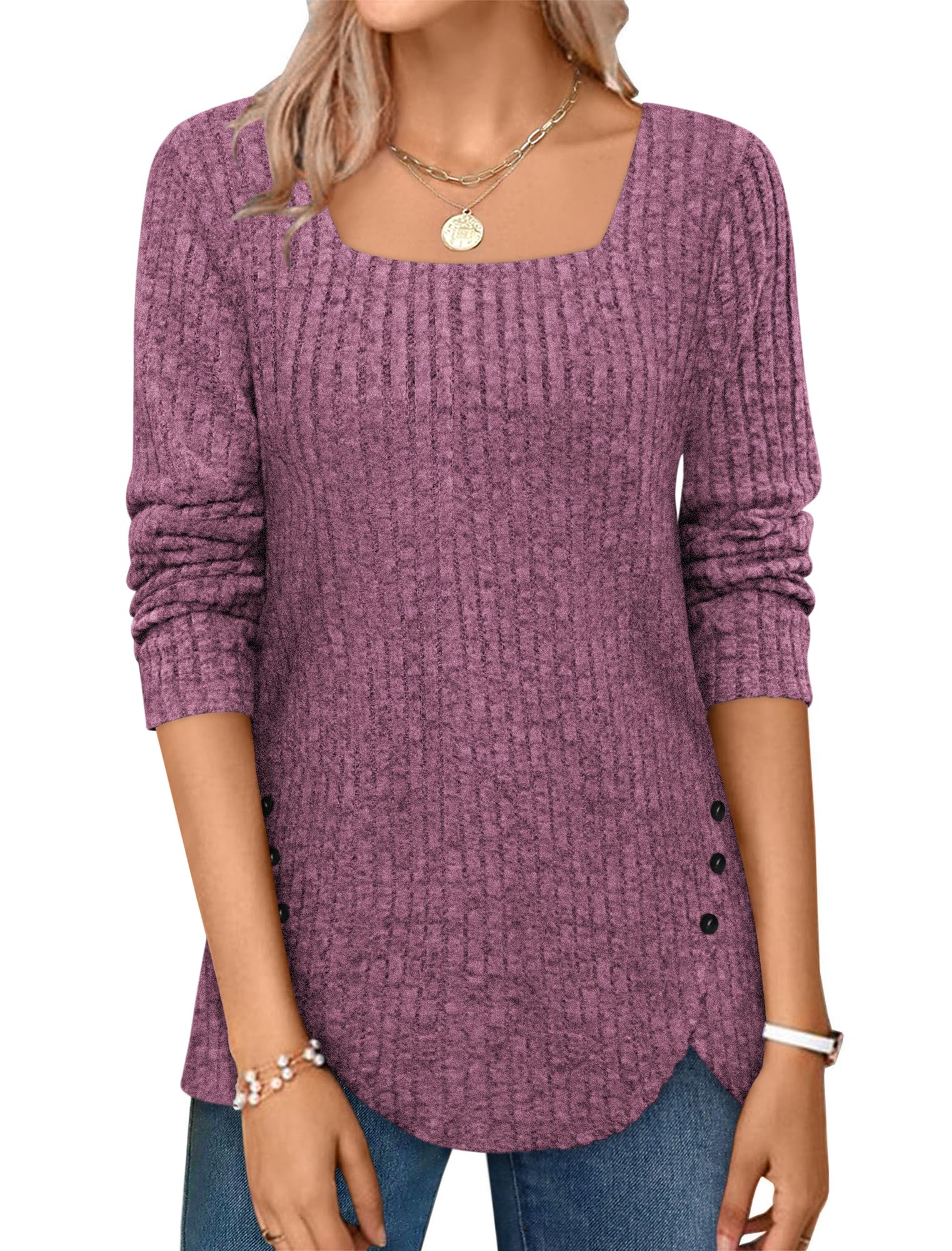 ⏰Hot Sale-2024 Squared Neck Sweater Ribbed Knit Tunic Tee Shirts