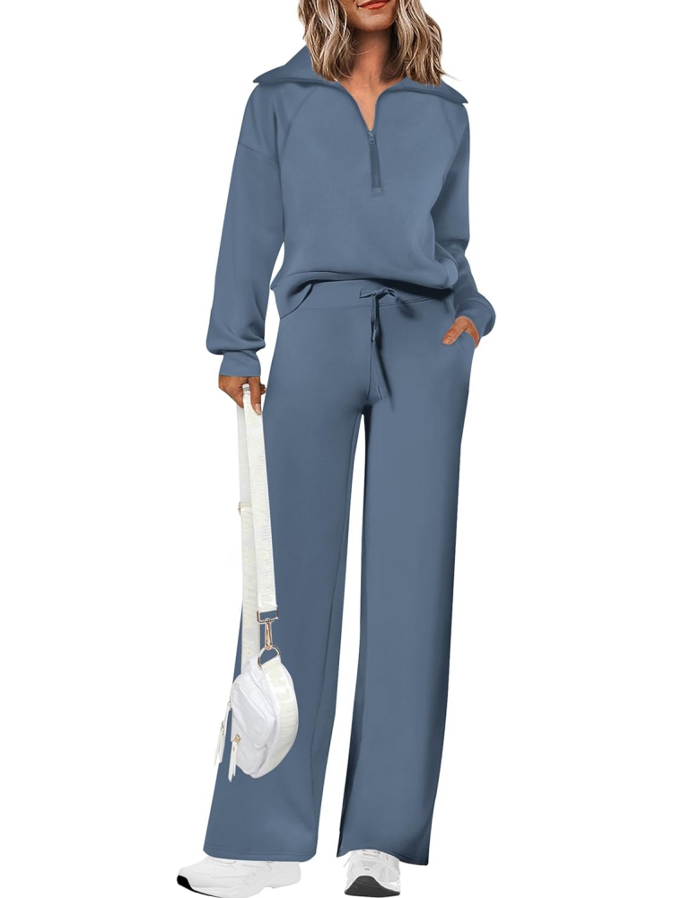 Women's Lapel Half Zip Sweatshirts And Wide Leg Pants Tracksuit Sets (Buy 2 Free Shipping)