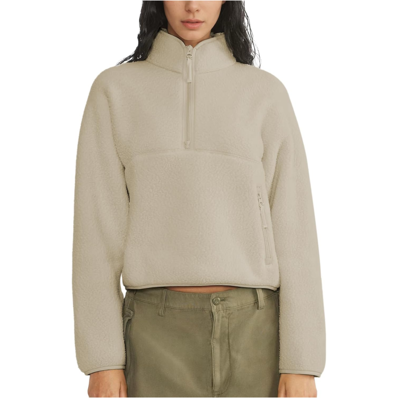Womens Cropped Half Zip Fuzzy Warm Sherpa Fleece Pullover with Zipper Pockets
