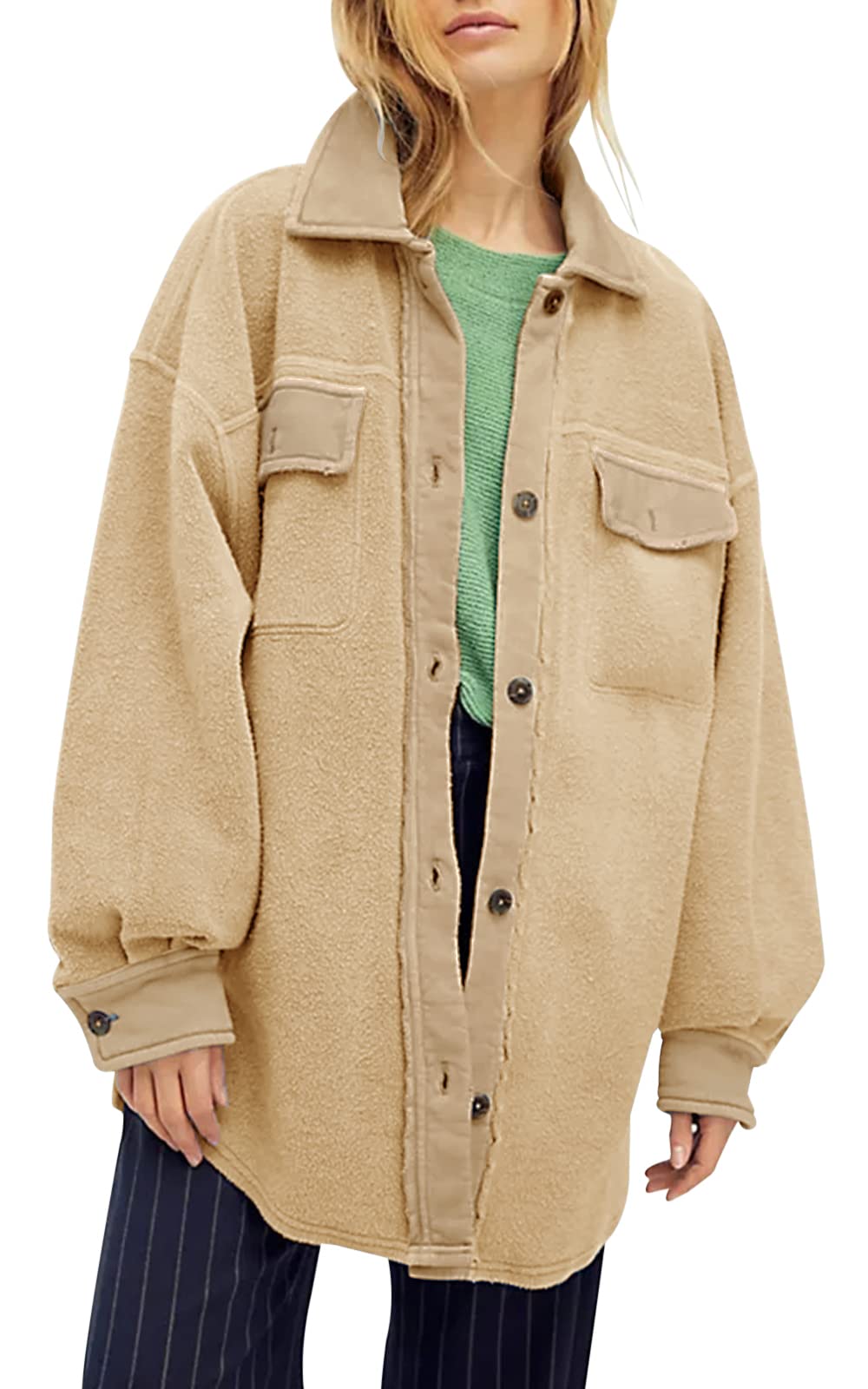 HOT SALE Women's Oversized Fleece Long Sleeve Button Down Shirt Jacket