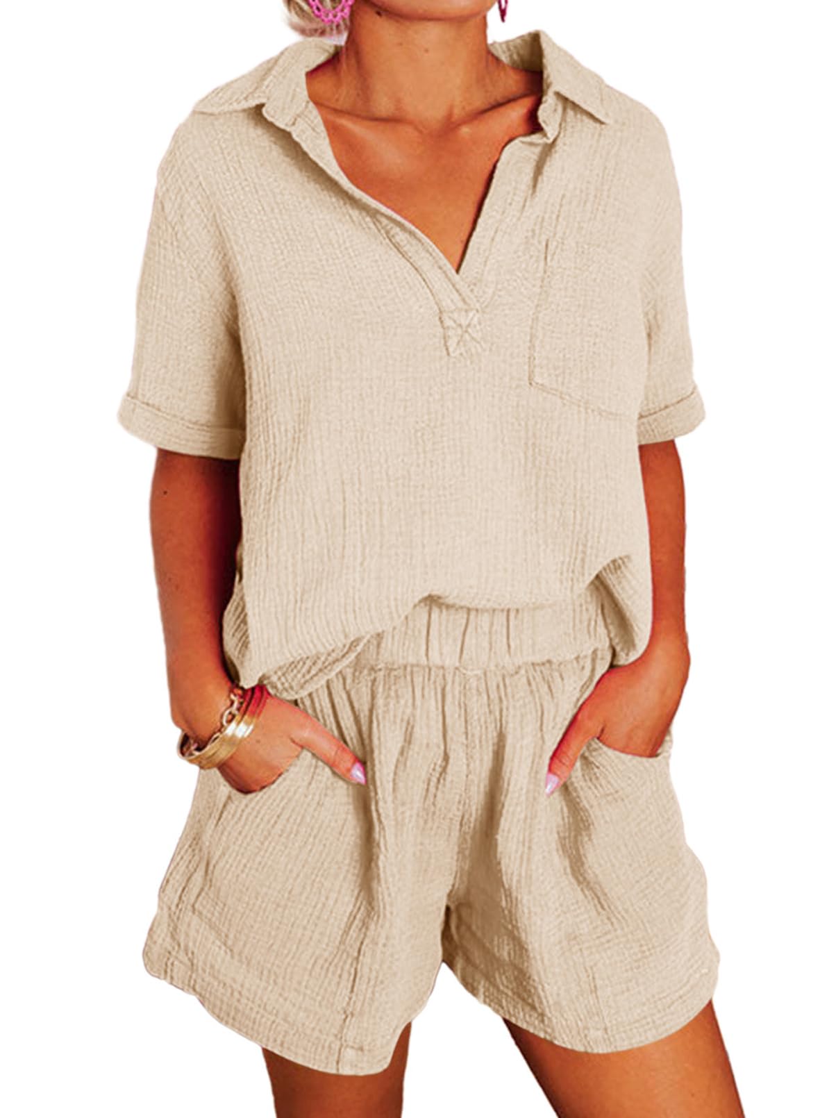 Women's Two Piece Outfits V Neck Short Sleeve Shirts and High Waist Shorts Lounge Sets