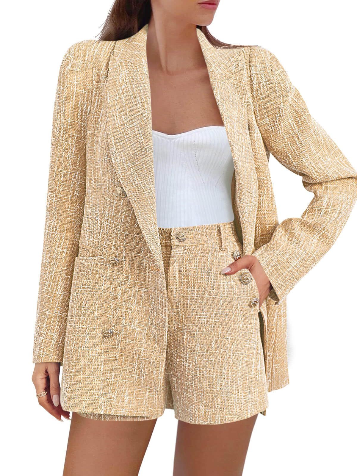 HOT SALE Women's Double Breasted Tweed Suit Set Button Jacket and Shorts