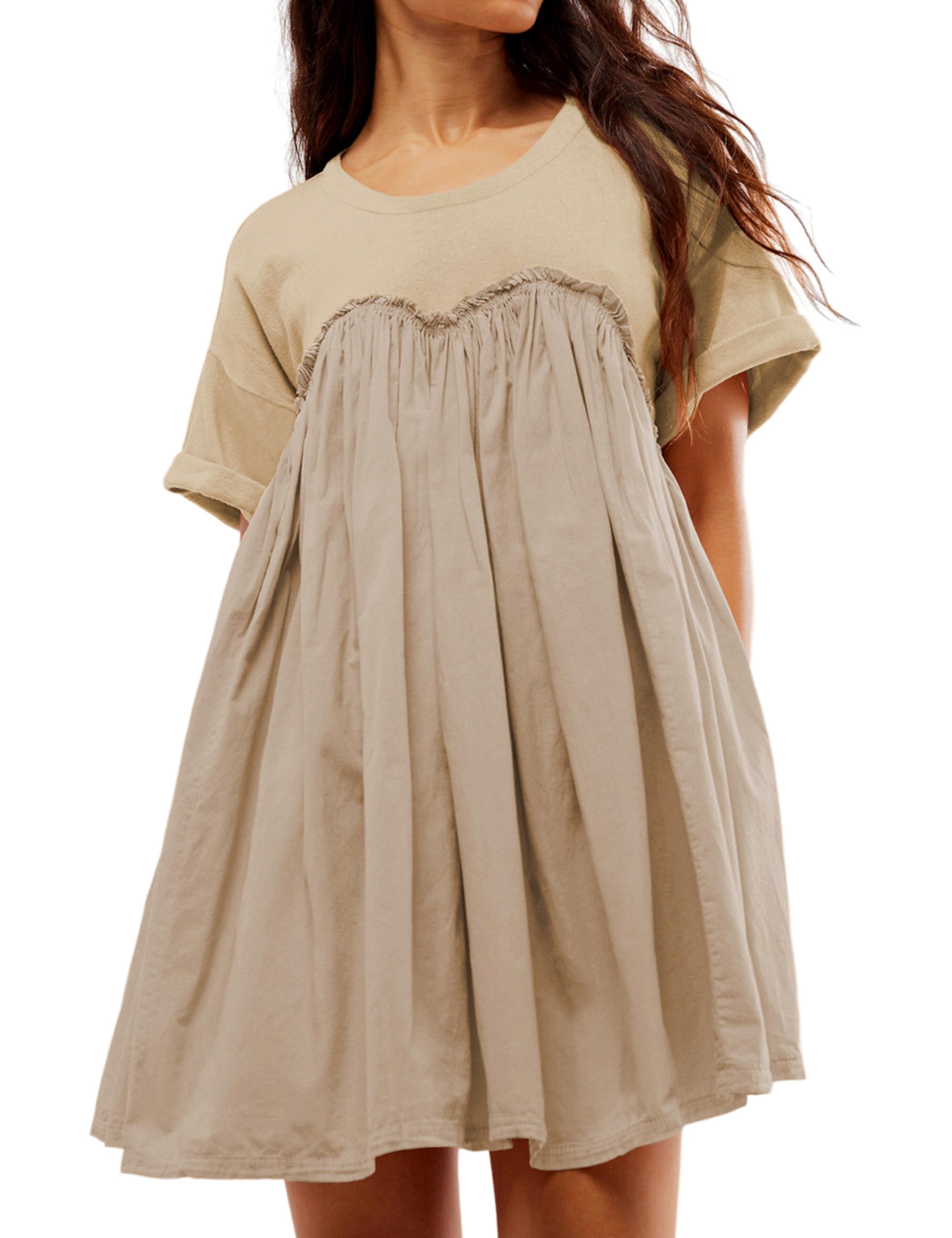 Women's Round Neck Pleated Mini Dress with Pockets