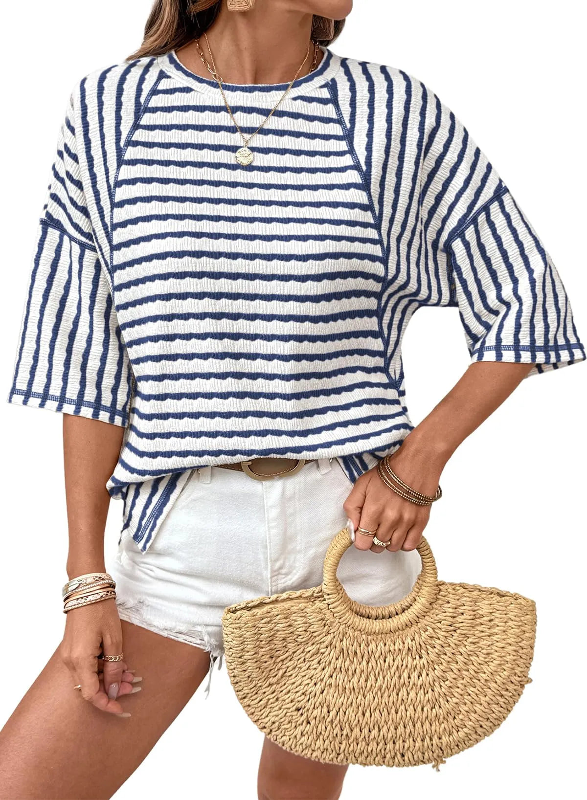 Women Stripe Textured Knit Split Hem Top (buy 2 free shipping)
