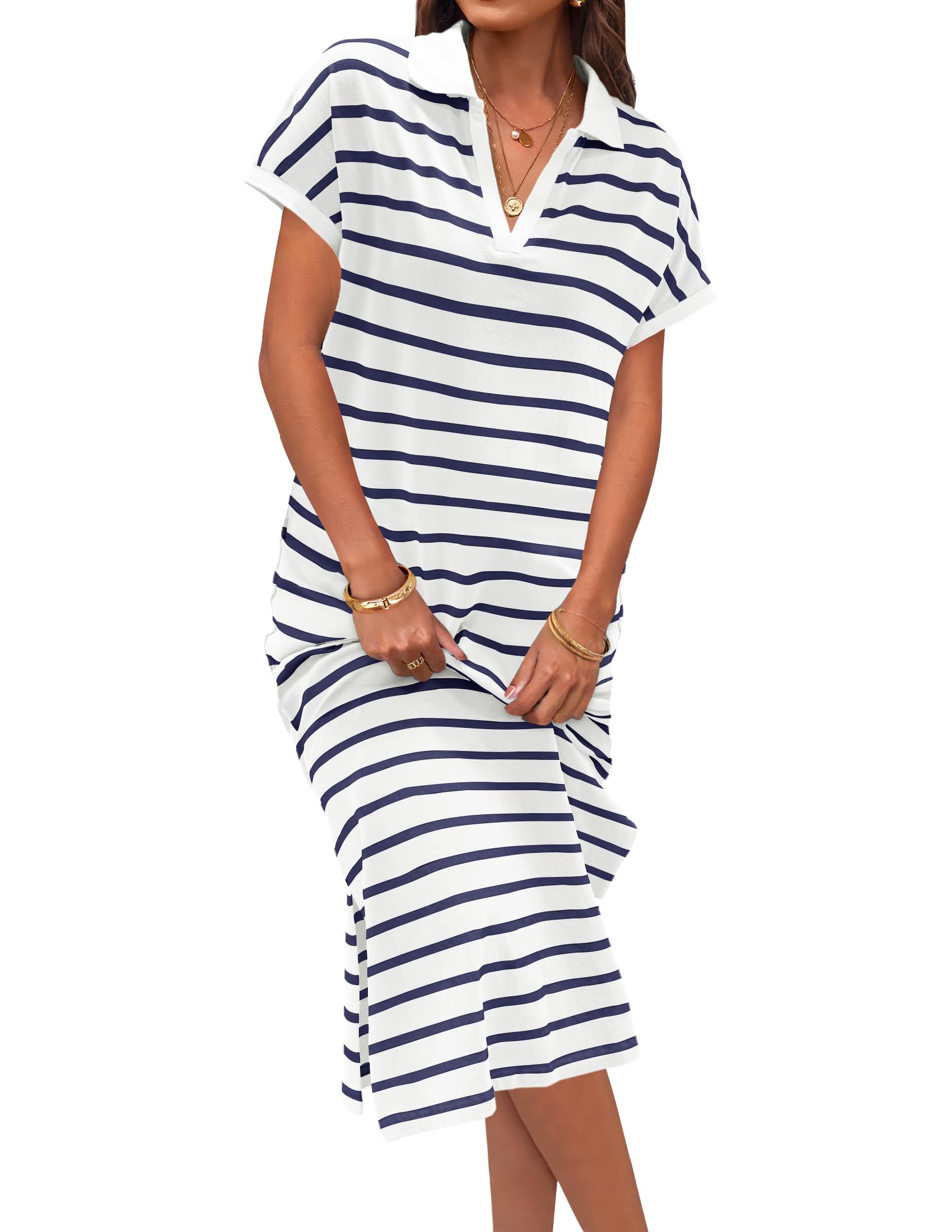 Women's V Neck Side Slit Striped Maxi Dress (Buy 2 Free Shipping)