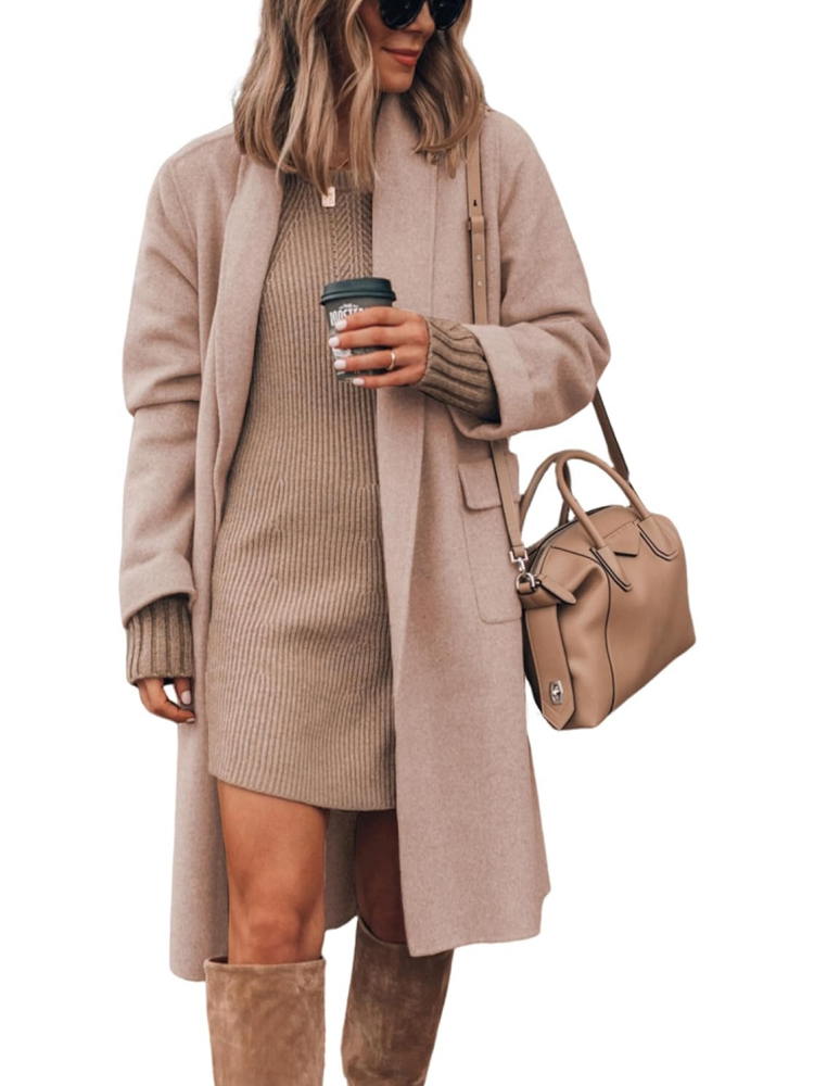 Women's Long Cardigan Wool Coat Open Front Pockets Warm Lapel Jacket Coat