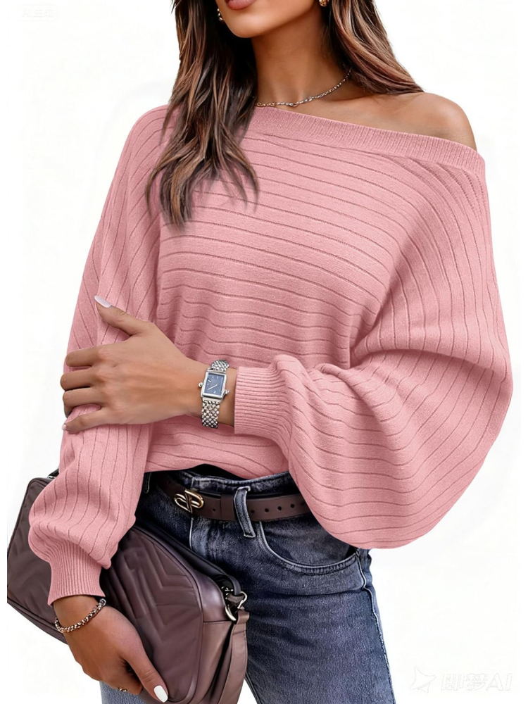 Women's loose boat neck pullover long-sleeved knit sweater