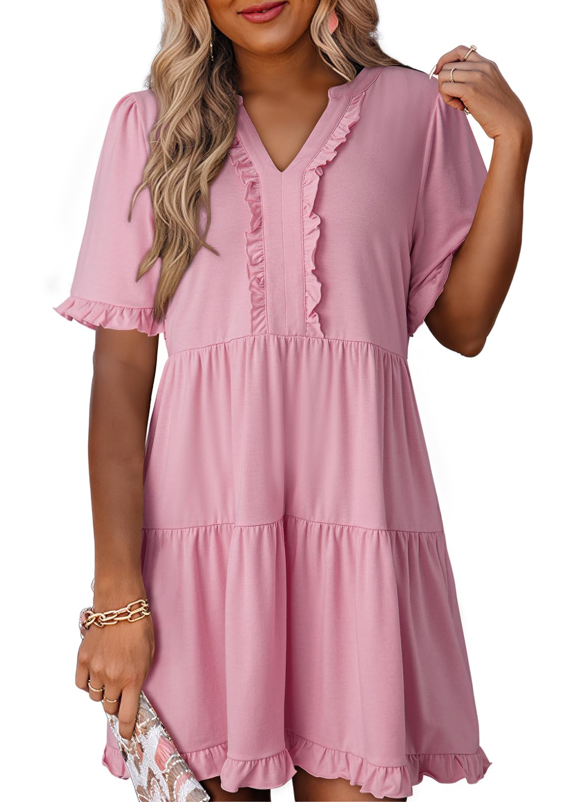 2025 New Women's V Neck Short Sleeve Casual A Line Flowy Swing Shift Dress(buy 2 free shipping)