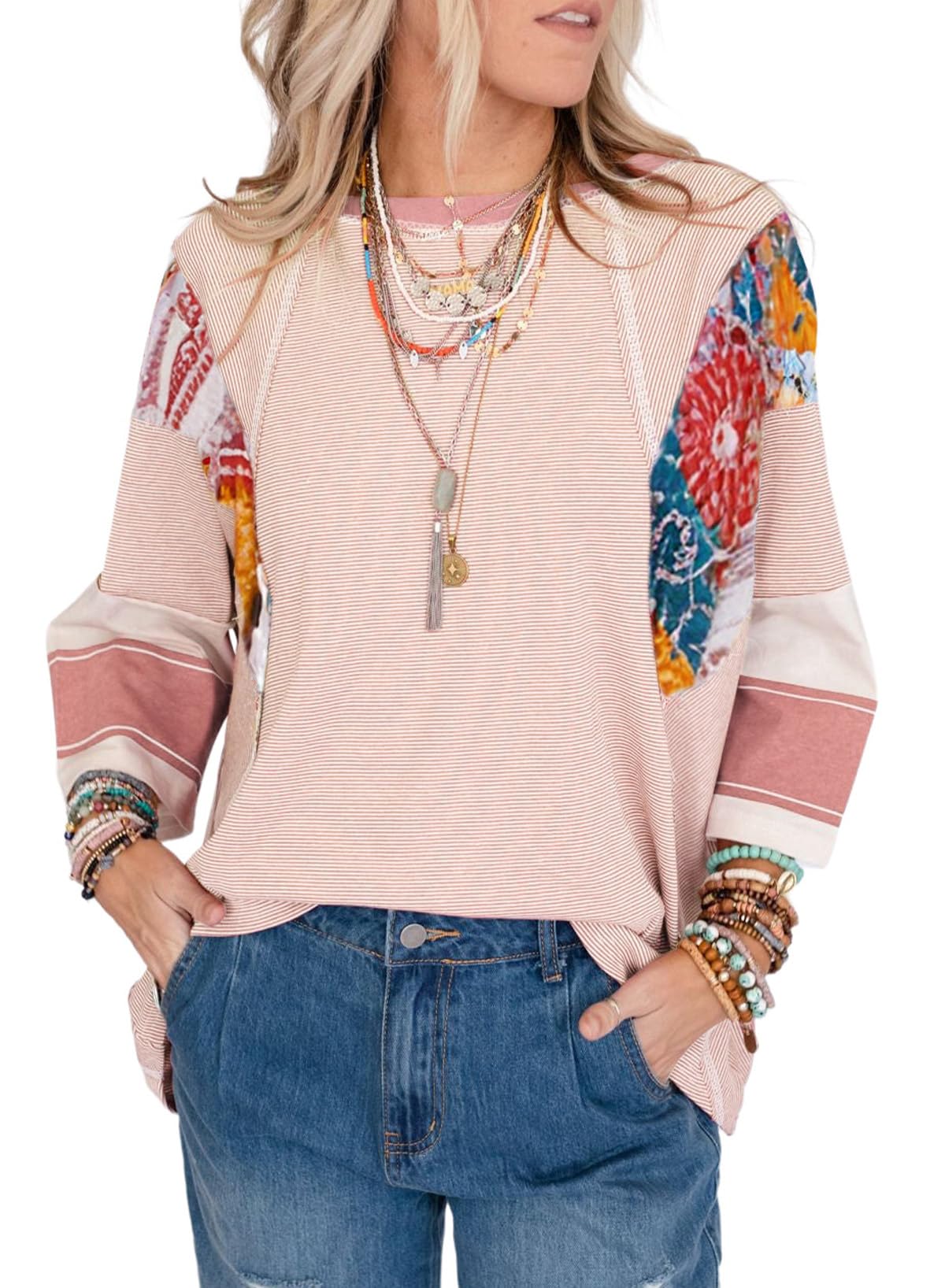 2025 New Women's 3/4 Length Sleeve Oversized Striped Patchwork Shirts(buy 2 free shipping)