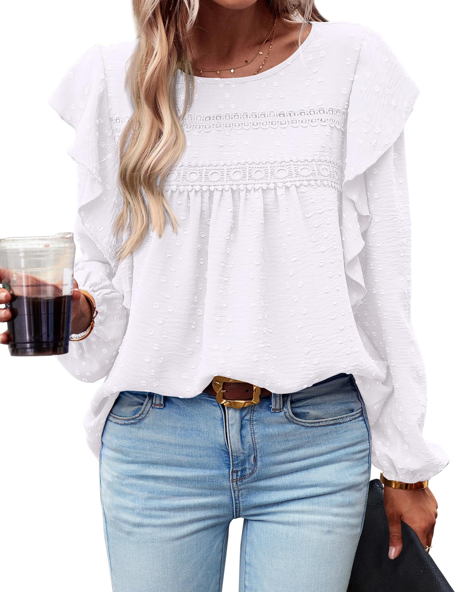 HOT SALE Women's Long Sleeve Ruffle Swiss Dot Crochet Tops