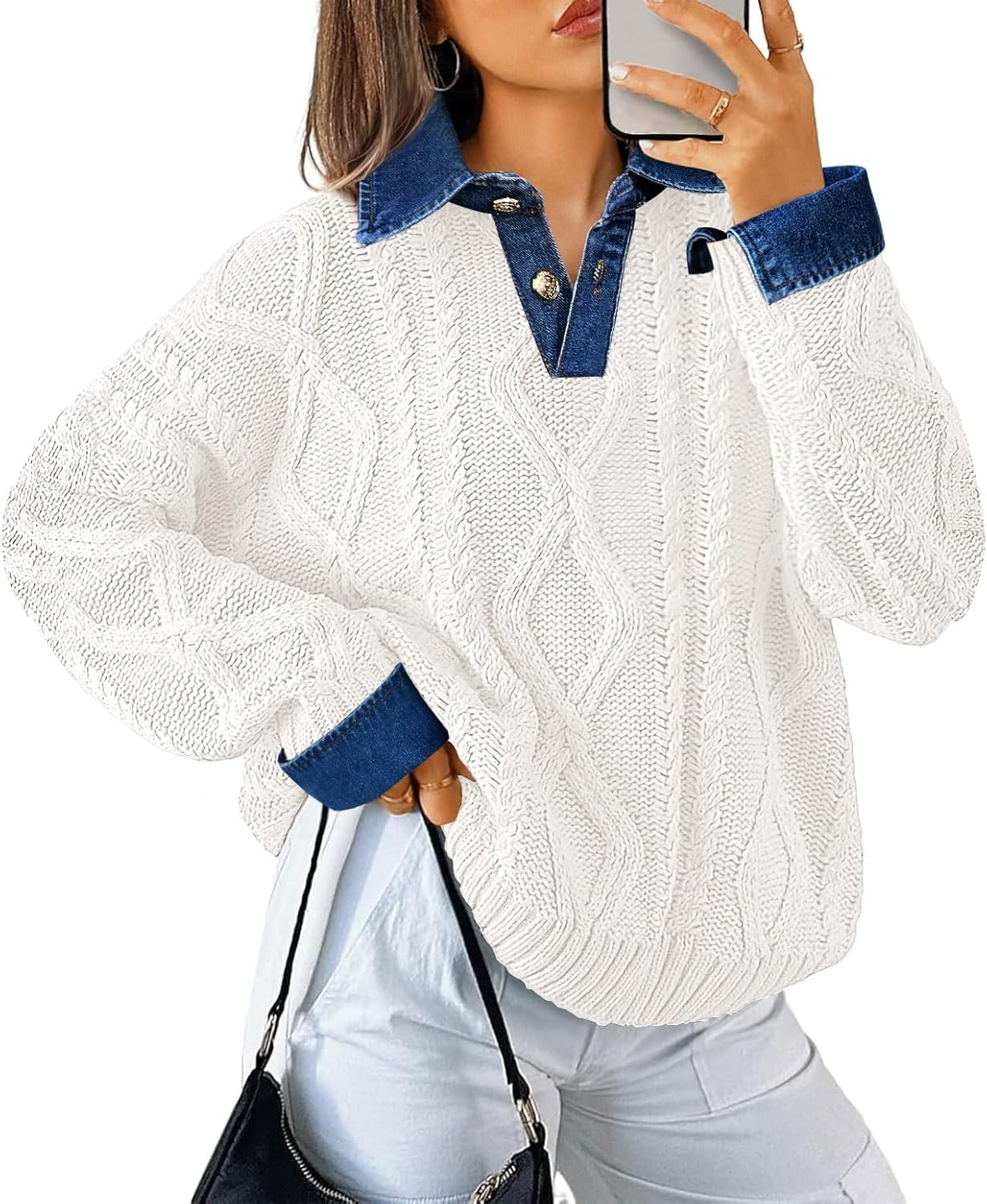 Womens Oversized Denim Polo Neck Cable Knit Sweaters 