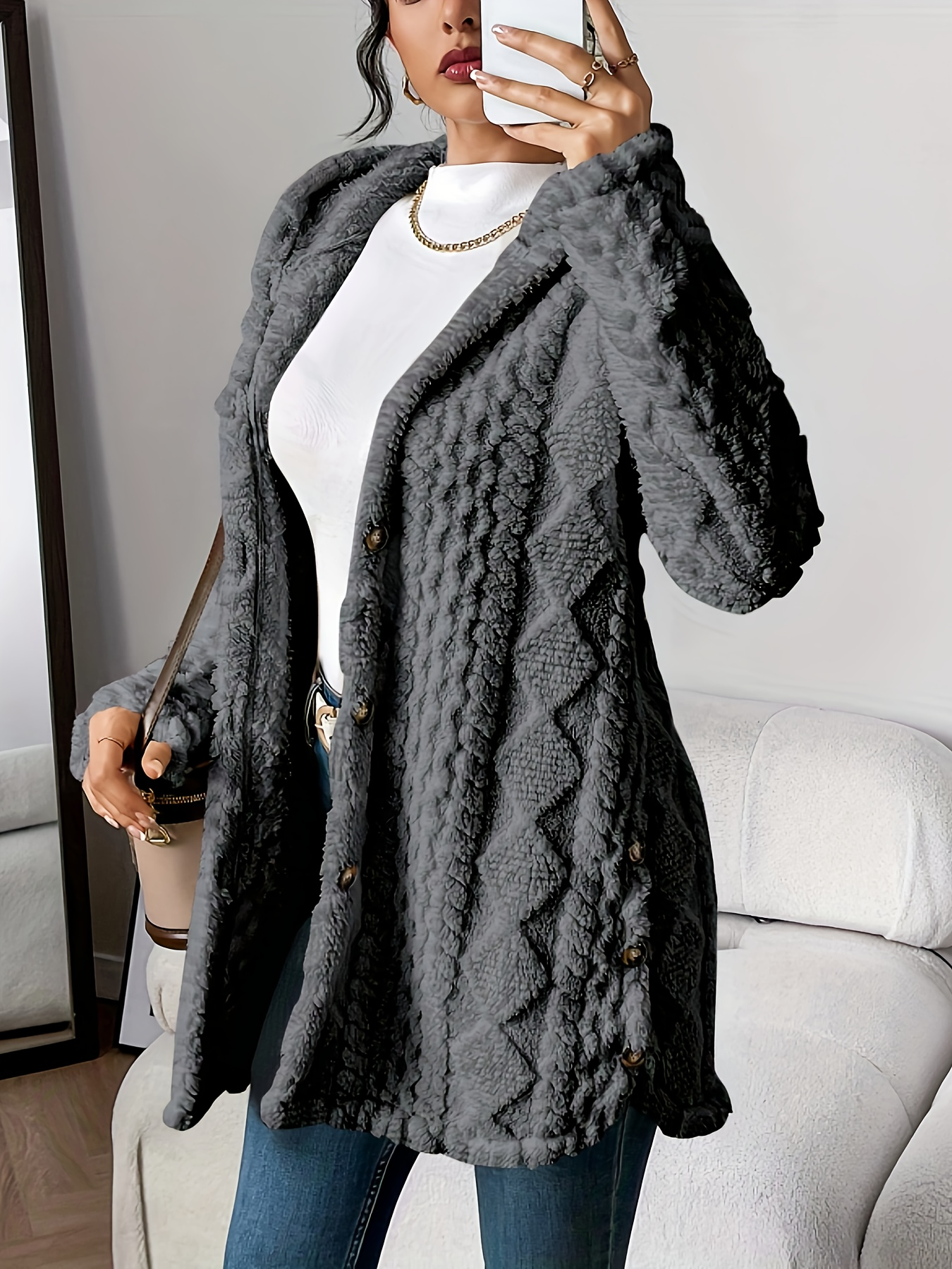 Womens Cozy Quilted Faux Fur Hooded Cardigan