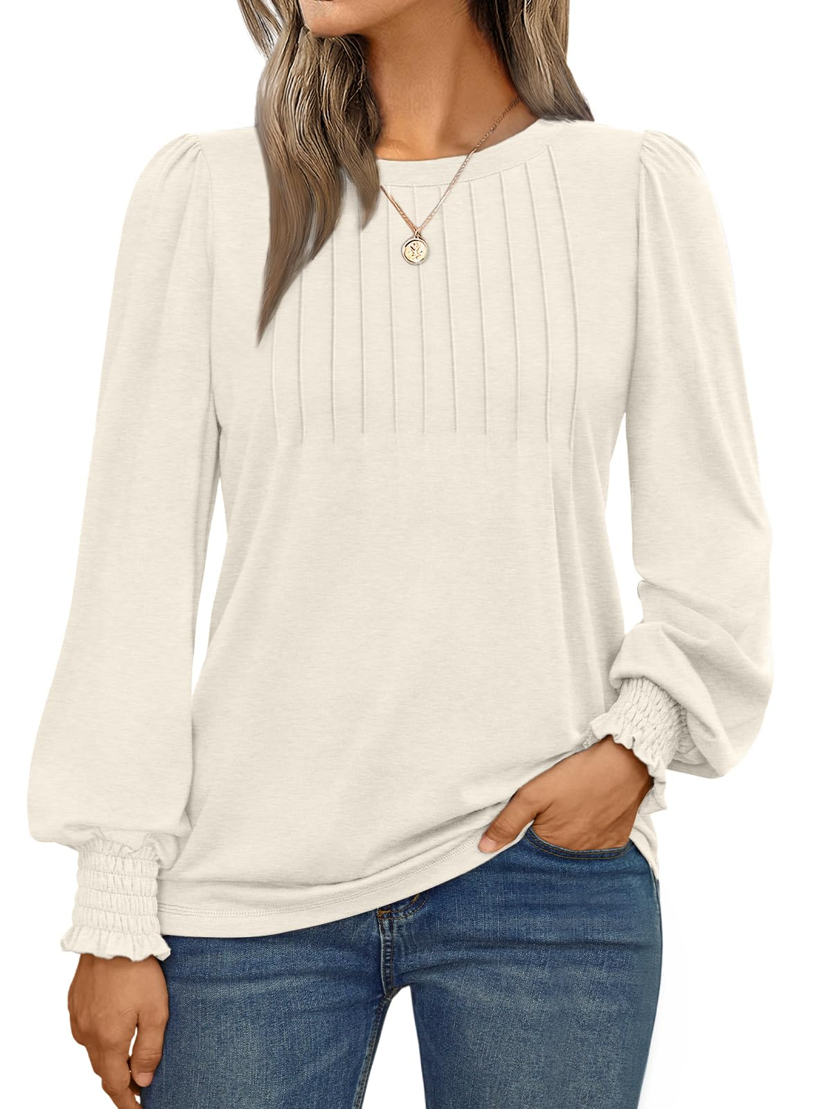 Long Sleeve Shirts Womens Pleated Business Casual Blouses