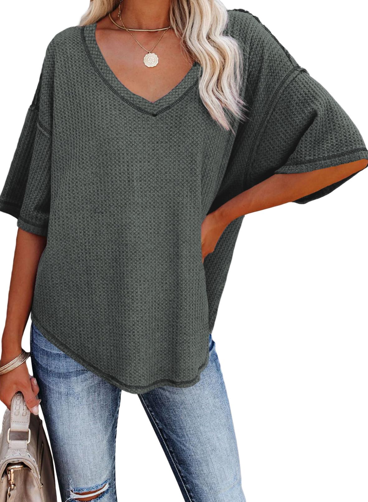 2025 New Women's Causual V Neck Short Sleeve Shirts Waffle Knit Loose Tunic Tops(buy 3 free shipping)