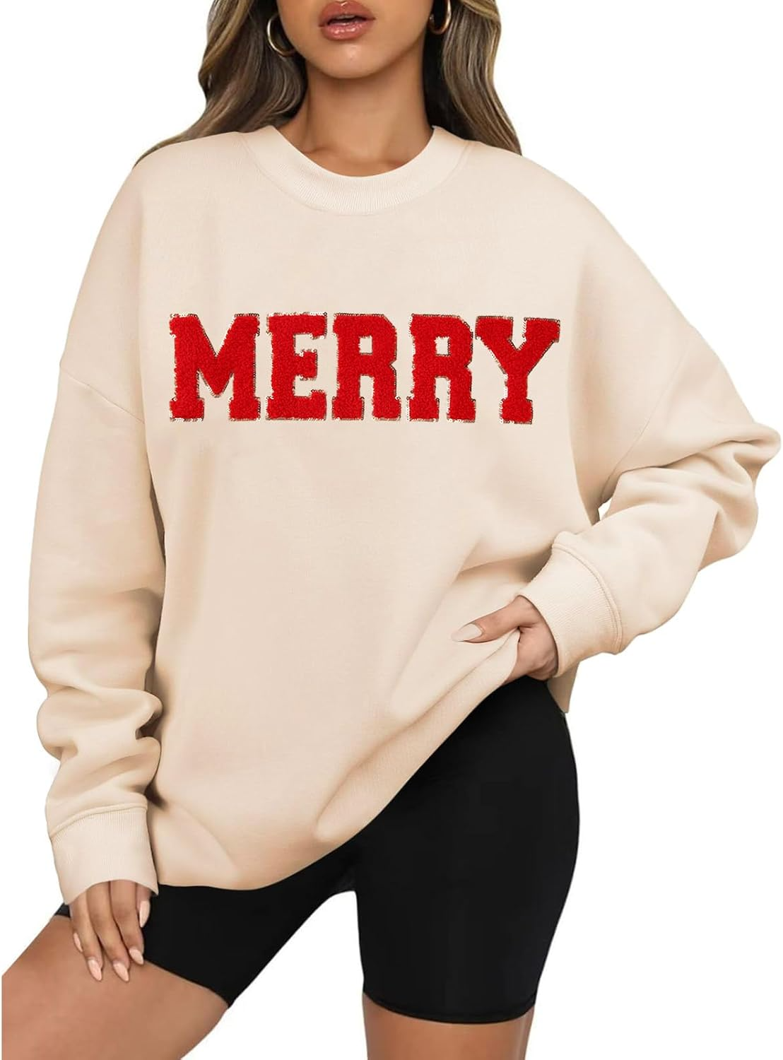 Merry Christmas Glitter Patch Oversized Sweatshirt (BUY 2 FREE SHIPPING)