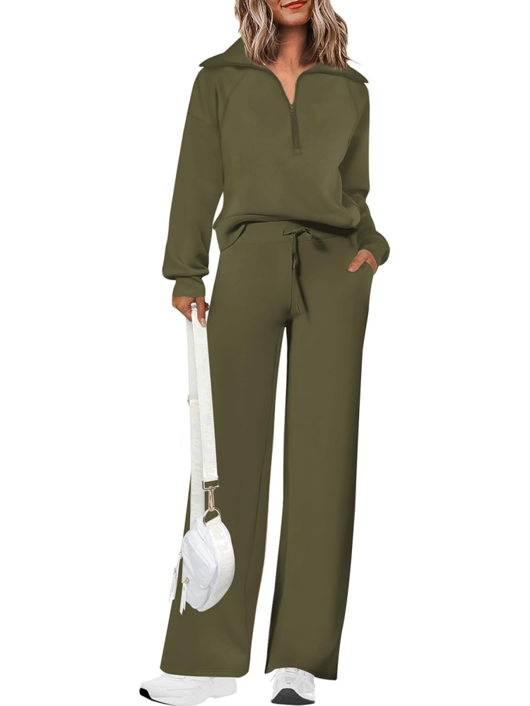 Women's Lapel Half Zip Sweatshirts And Wide Leg Pants Tracksuit Sets (Buy 2 Free Shipping)