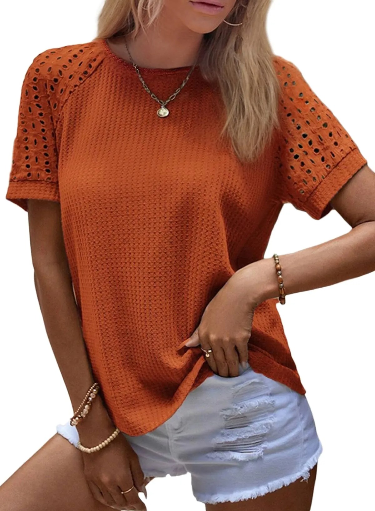 HOT SALE Women's Casual Crew Neck Hollow Out Raglan Short Sleeve Waffle Knit Tops