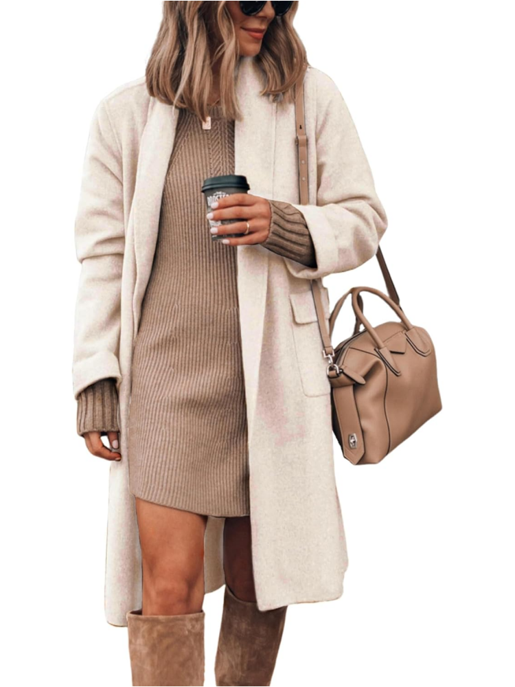 Women's Long Cardigan Wool Coat Open Front Pockets Warm Lapel Jacket Coat