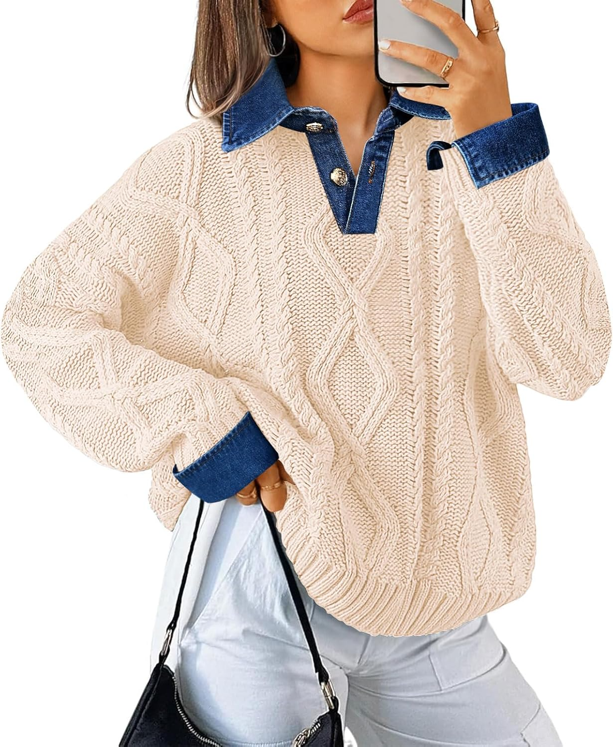 Womens Oversized Denim Polo Neck Cable Knit Sweaters 