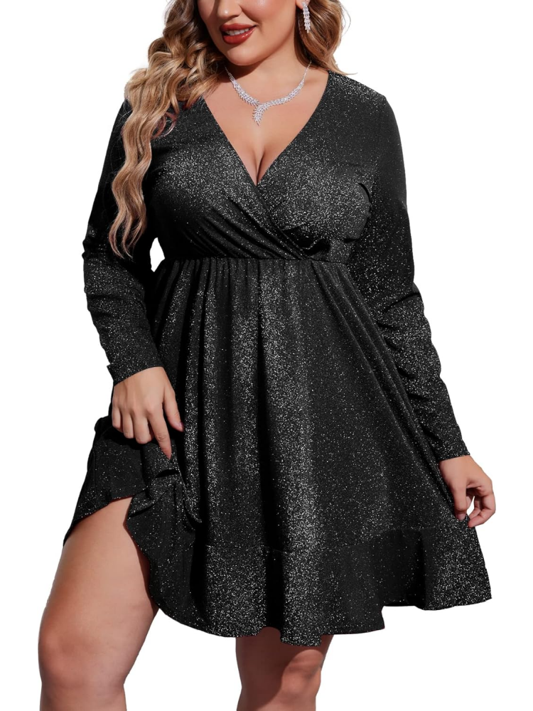 Womens Glitter Dress V Neck Long Sleeve Ruffle Hem Glitter Dress