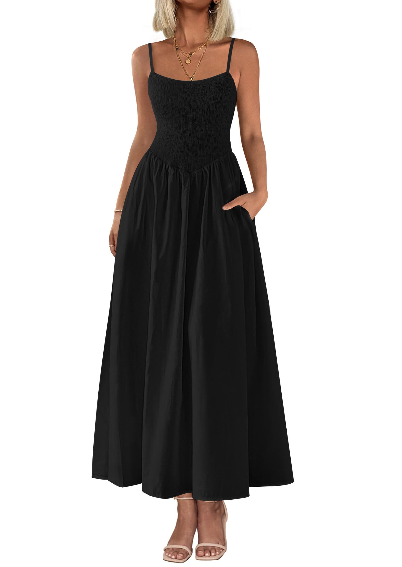 2025 Summer Women's Smocked Maxi Dresses Casual Spaghetti Strap Swing A Line Long Flowy Dress