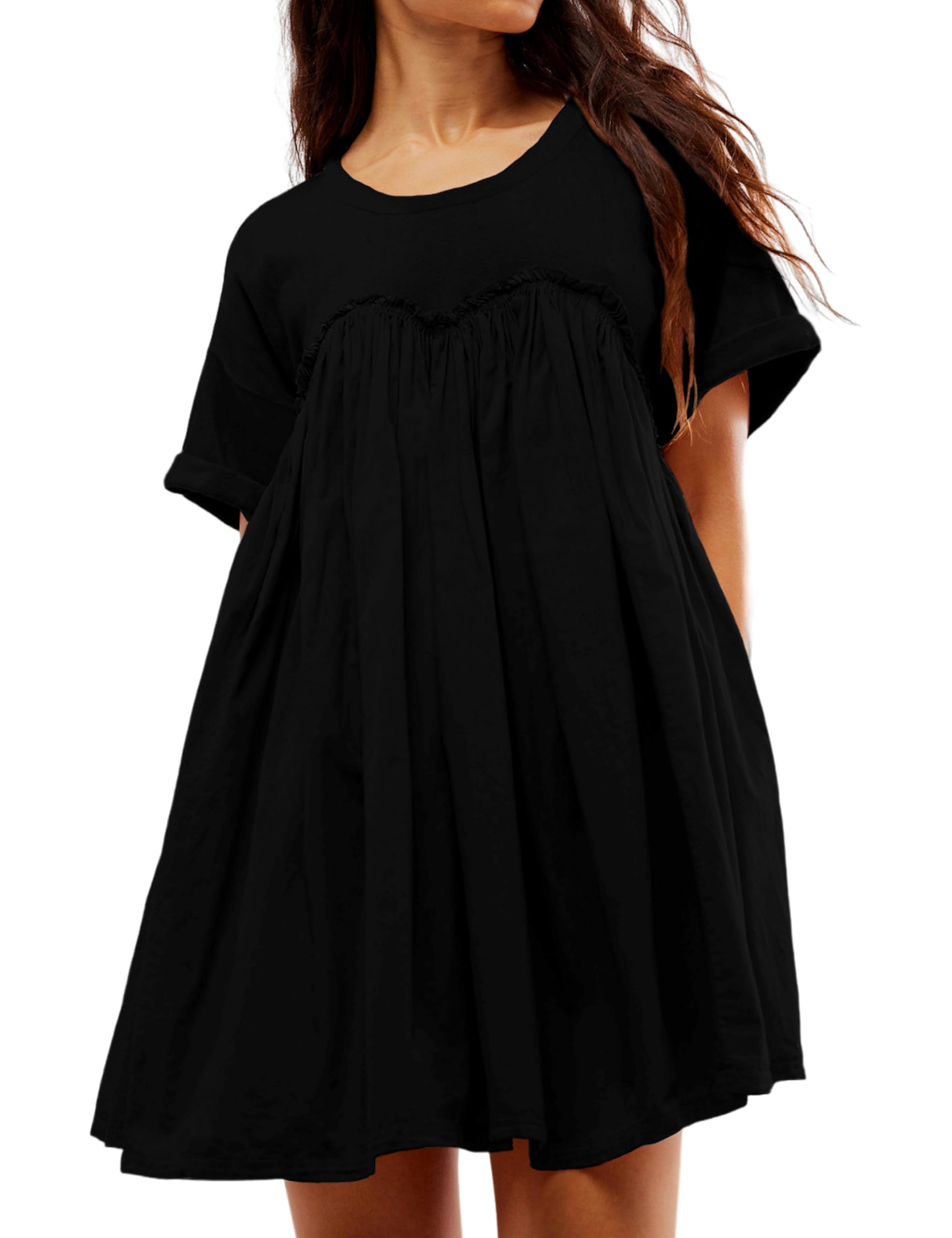 Women's Round Neck Pleated Mini Dress with Pockets