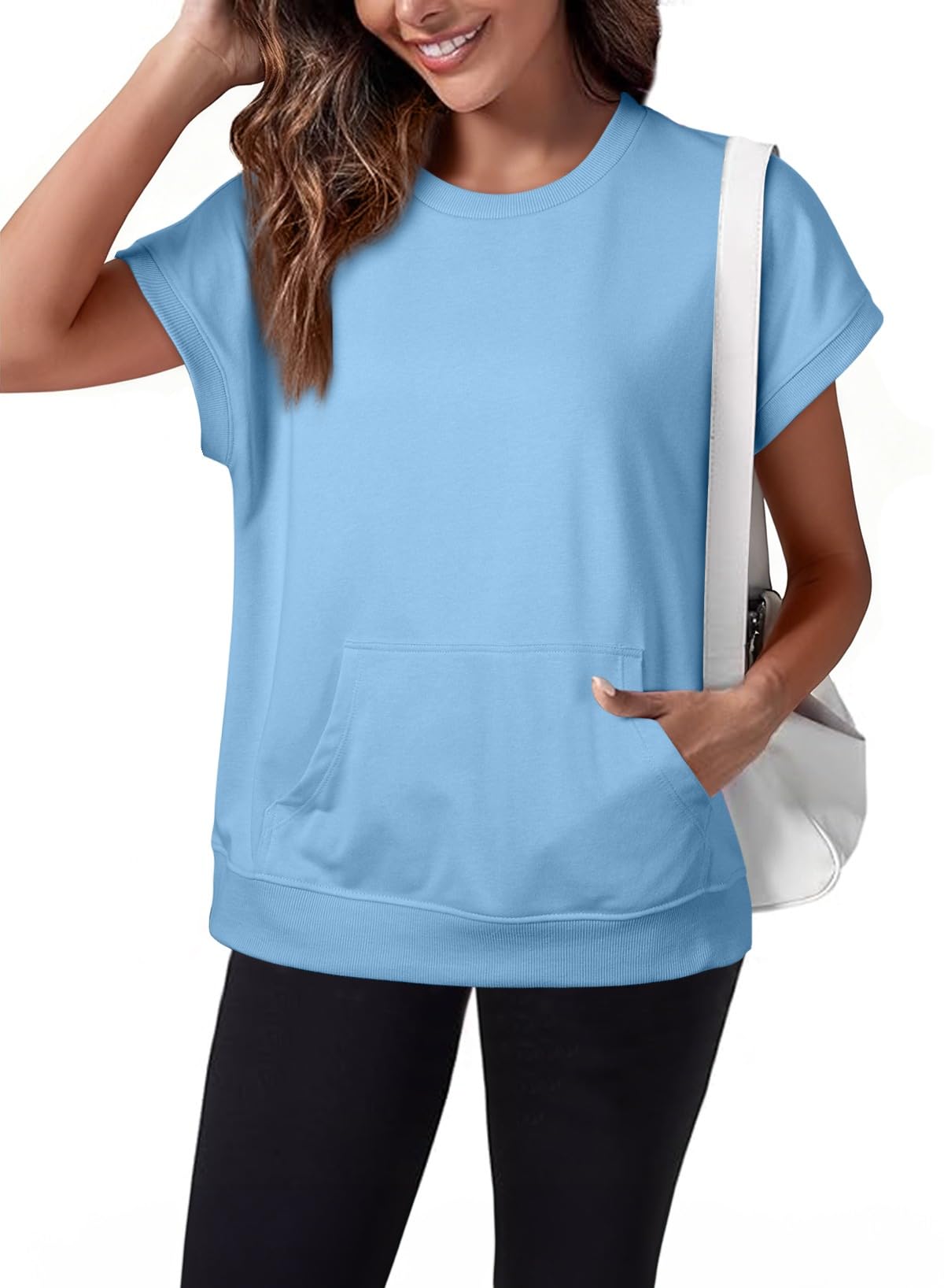 Women's Casual Round Neck Loose Fit Top with Kangaroo Pocket