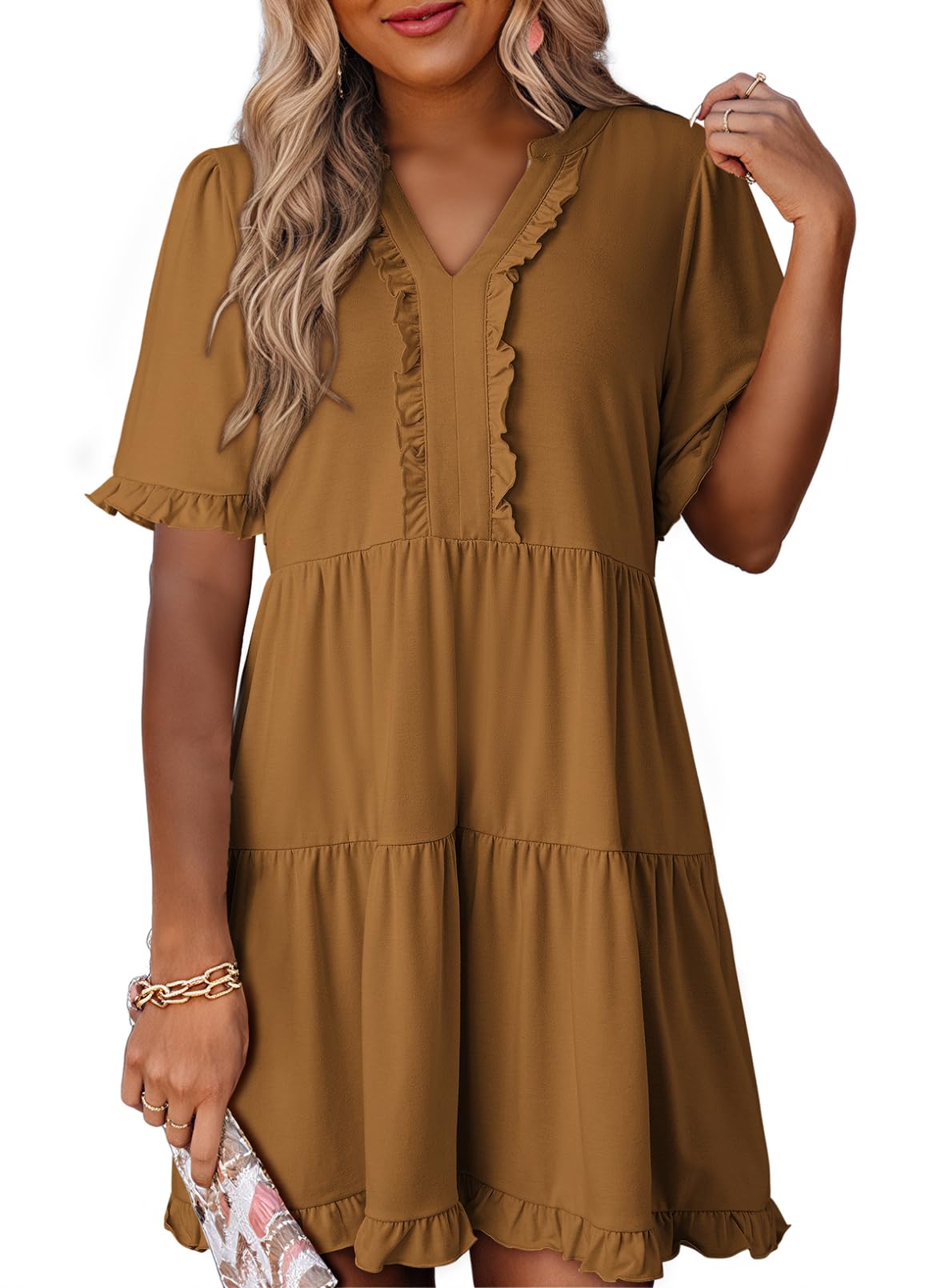 2025 New Women's V Neck Short Sleeve Casual A Line Flowy Swing Shift Dress(buy 2 free shipping)