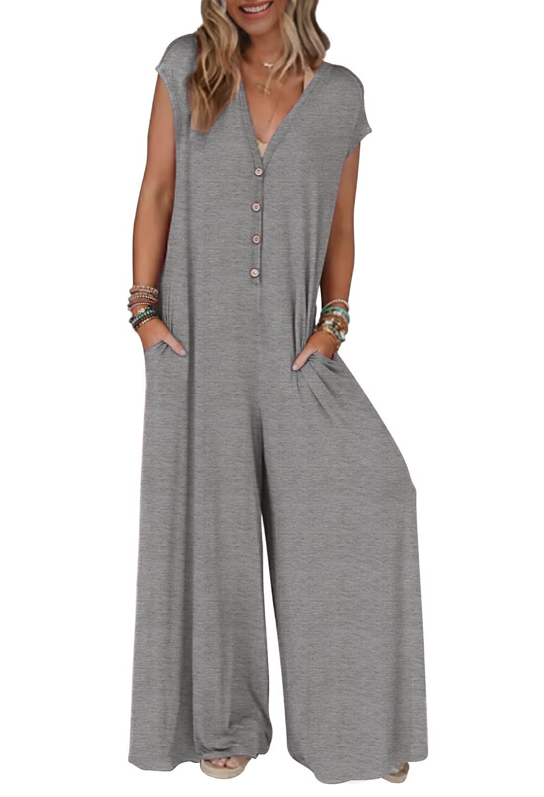 Women's 2025 Summer Cap Sleeve Jumpsuits Deep V Neck Button Onesie Wide Leg Pants Rompers(buy 2 free shipping)