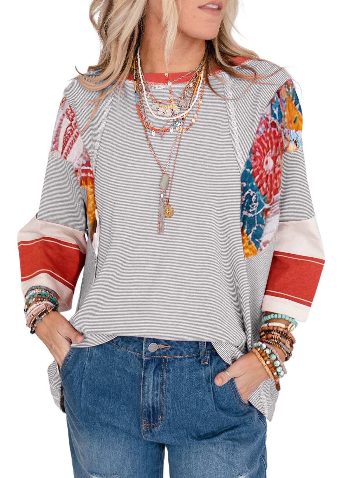 2025 New Women's 3/4 Length Sleeve Oversized Striped Patchwork Shirts(buy 2 free shipping)