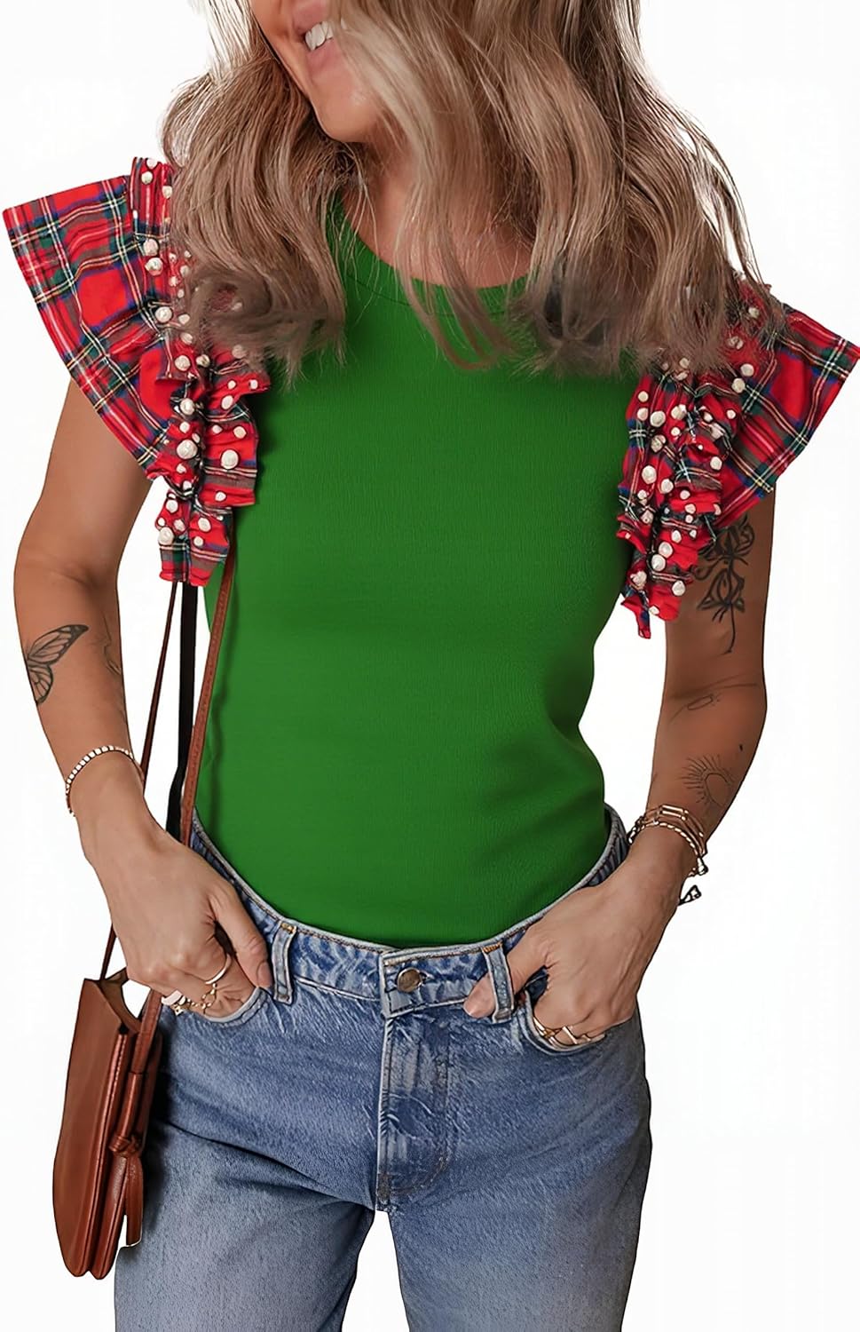 Womens Ruffle Short Sleeve Plaid Pearl Tops
