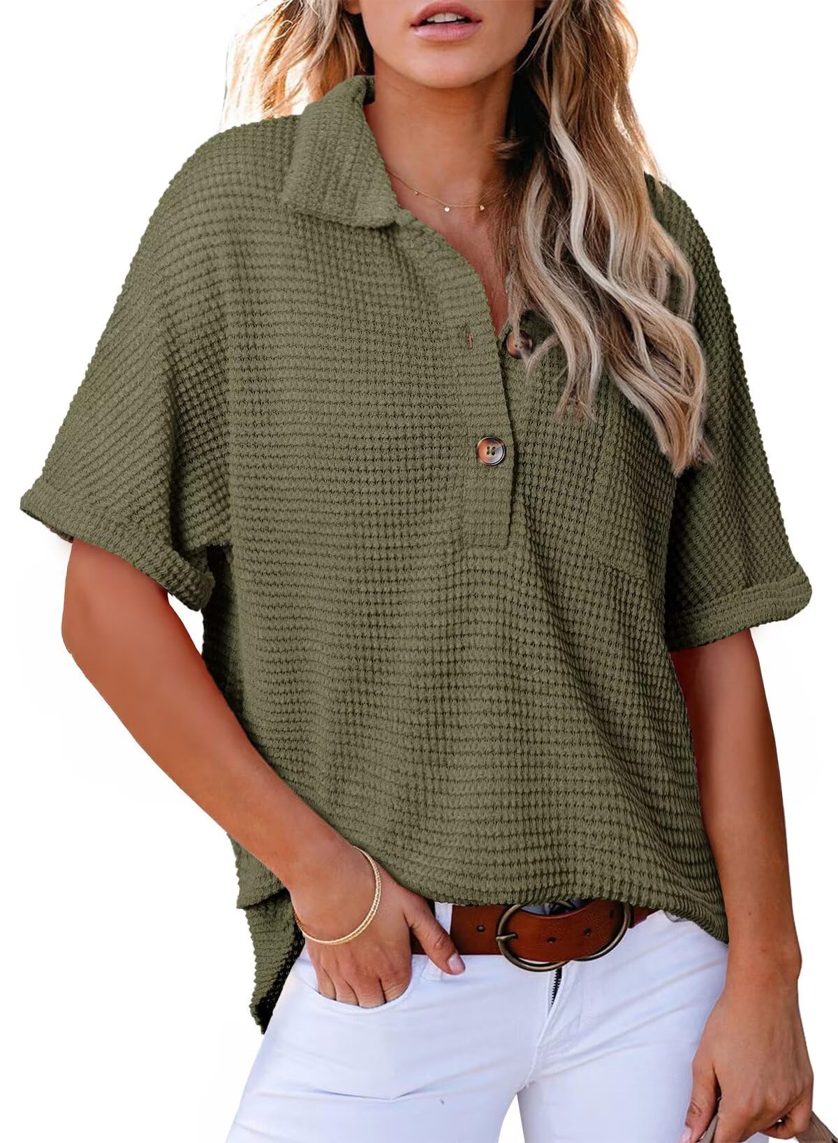 2025 New Women's Waffle Knit Short Sleeve Tunic Henley Shirts(buy 2 10% OFF)