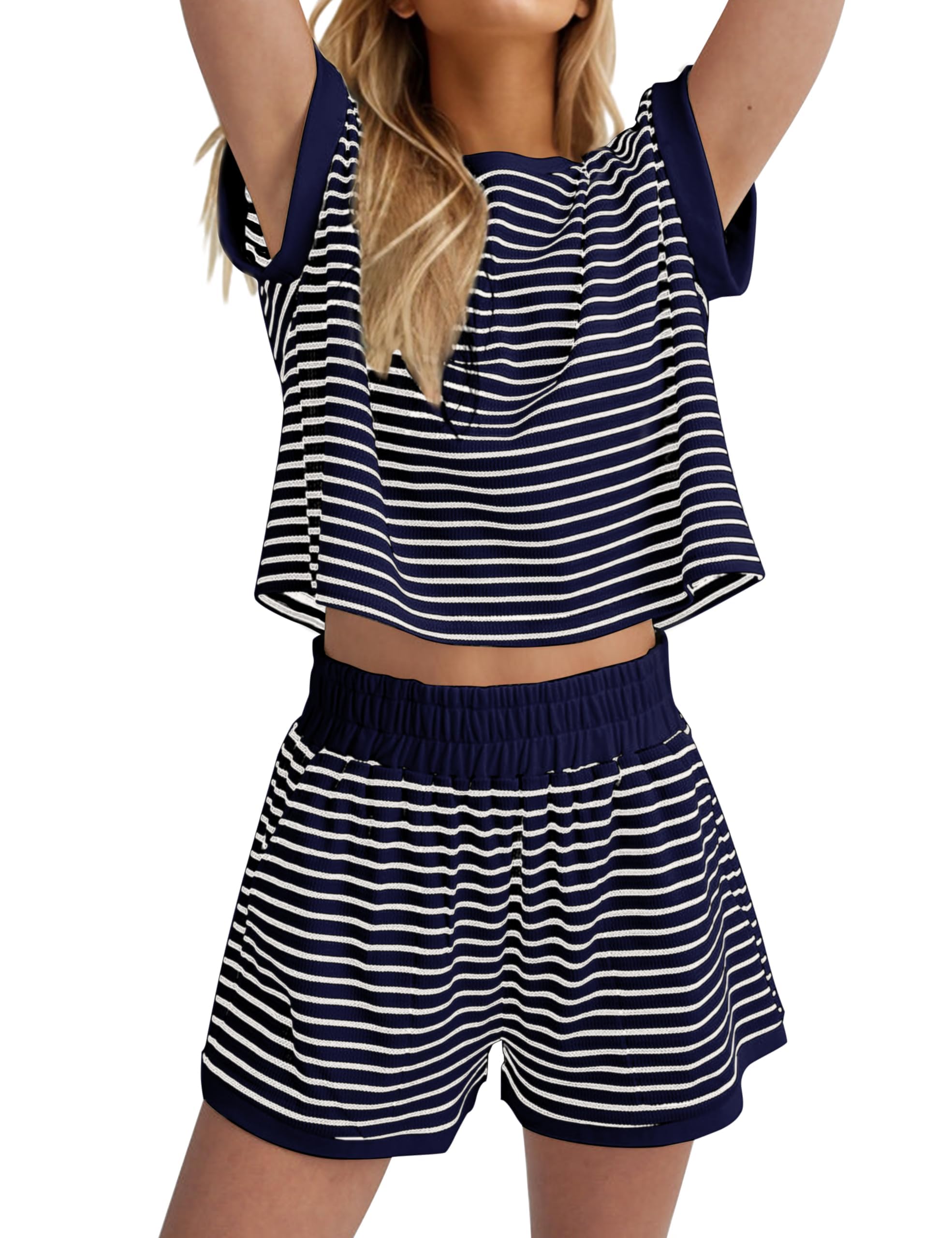 Women Summer Striped Short Sleeve Tee Shirts Mini Shorts 2 Piece Lounge Sets